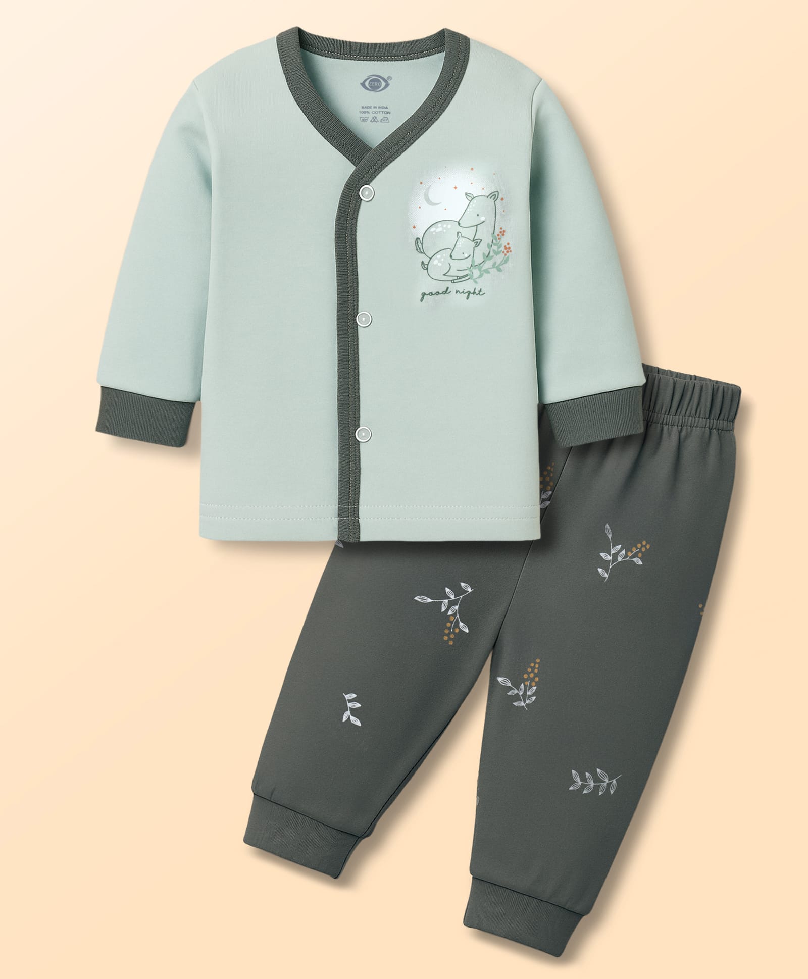 Zero Interlock Knit Full Sleeves Night Suit With Animal Print - Mint-image-6