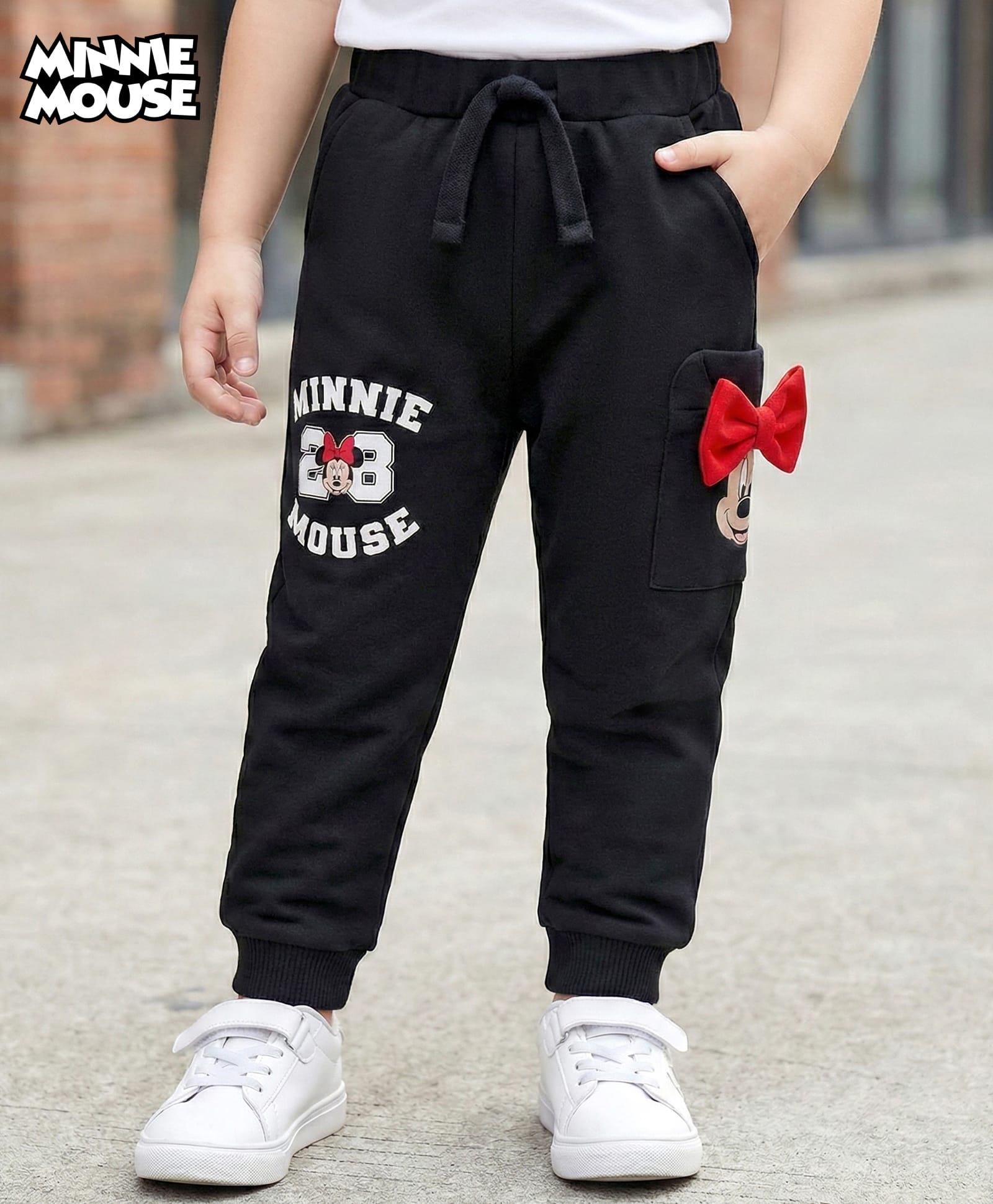 Babyhug Disney Terry Knit Trackpant with Minnie Mouse Graphics and Applique Detailing - Black-image-4