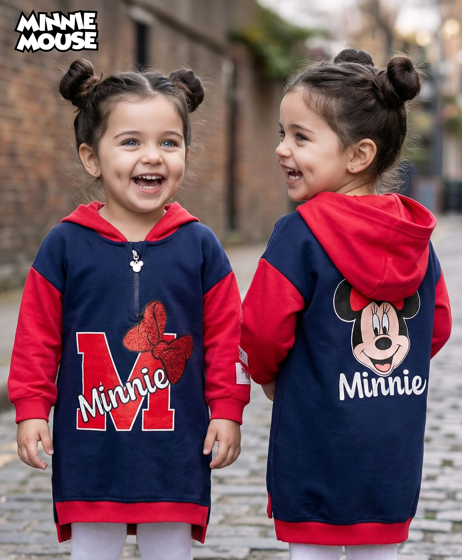 Babyhug Disney Terry Knit Full Sleeves Oversize Drop Shoulder Hooded Cut & Sew One Piece Sweatshirt Dress with Front & Back Minnie Mouse Graphics - Navy Blue & Red-image-31
