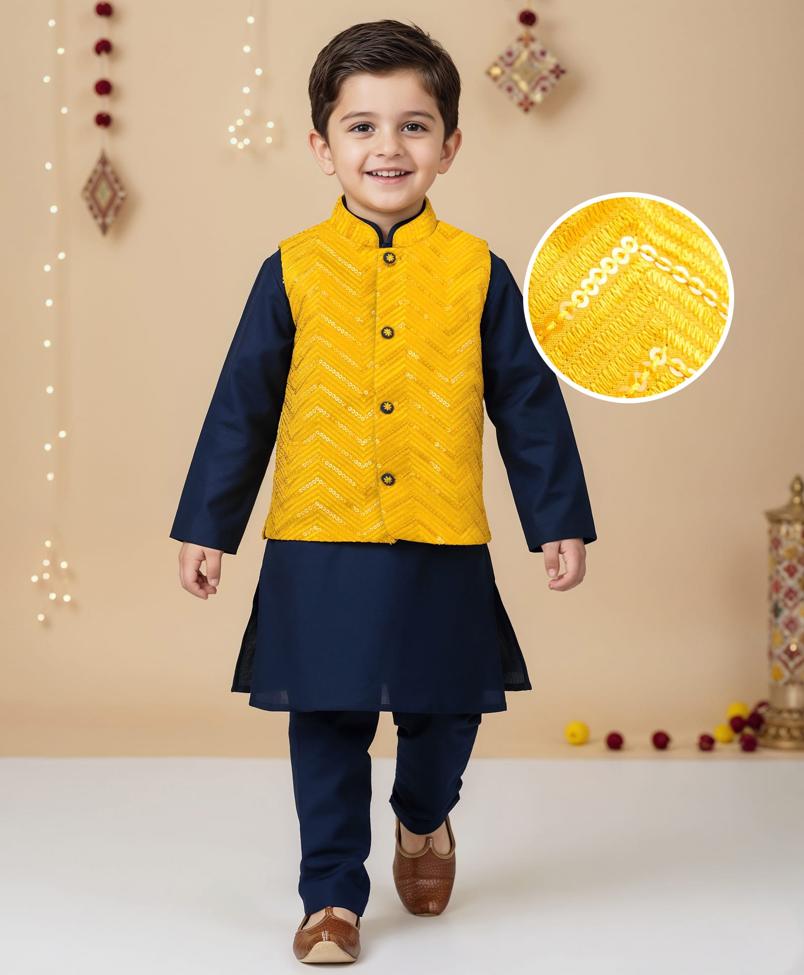 Babyhug Woven Full Sleeves Solid Kurta Payjama Set with Embroidered Jacket - Navy-picture-16