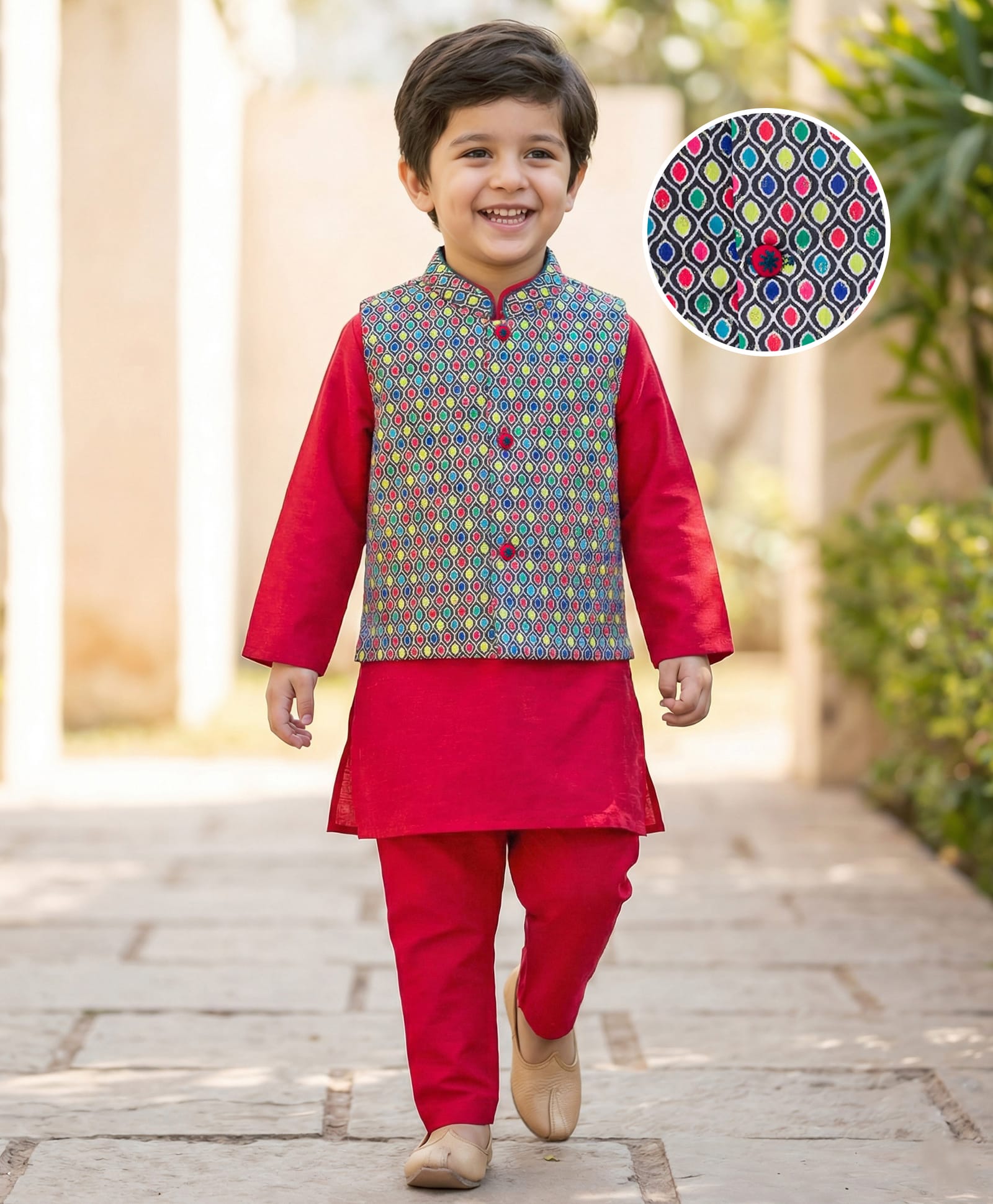 Babyhug Woven Full Sleeves Kurta Pajama & Embriodered Jacket Set - Red-image-12
