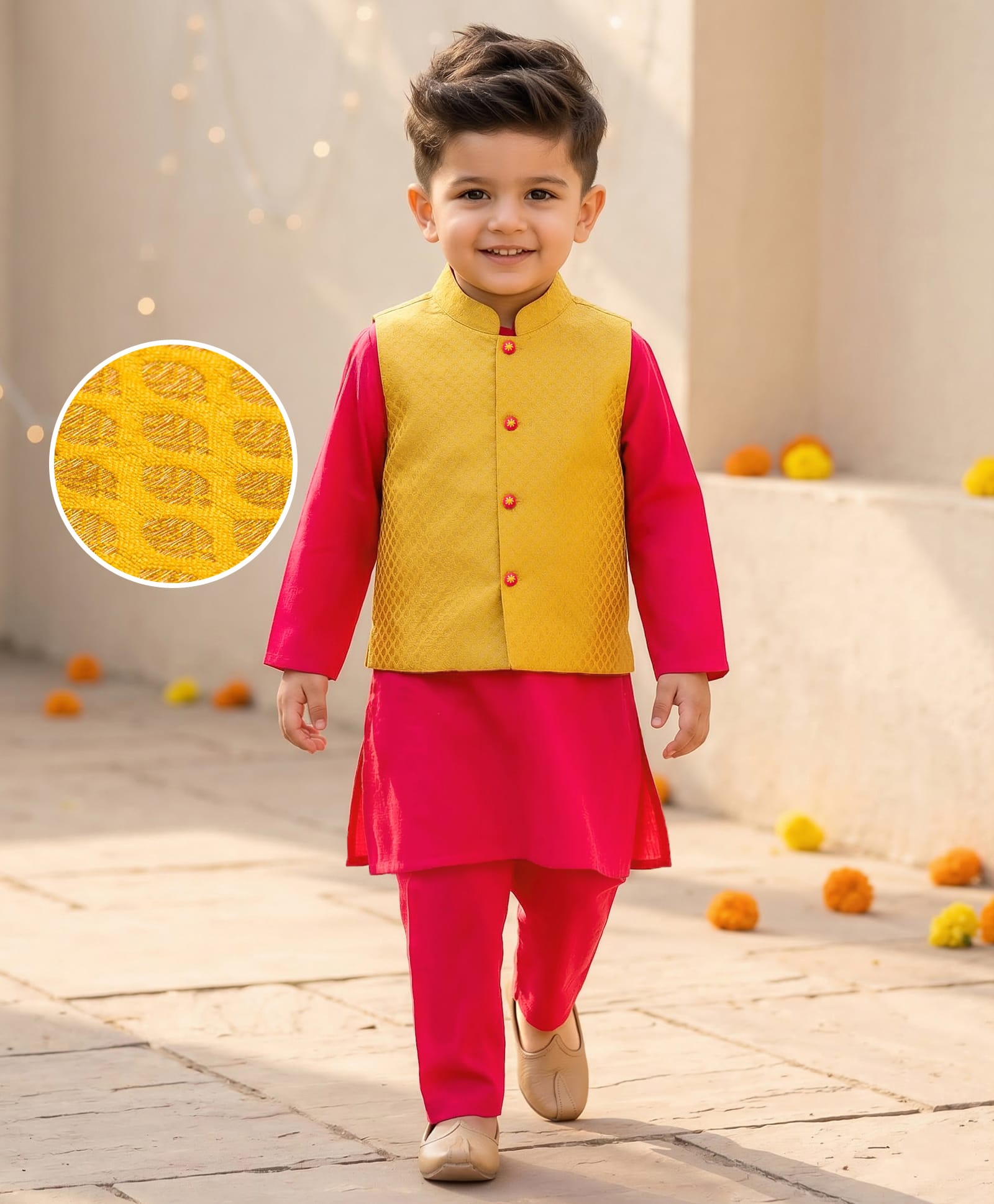 Babyhug Cotton Blend Woven Full Sleeves Kurta Pajama Set with Embroidered Jacket - Dark Pink-picture-26