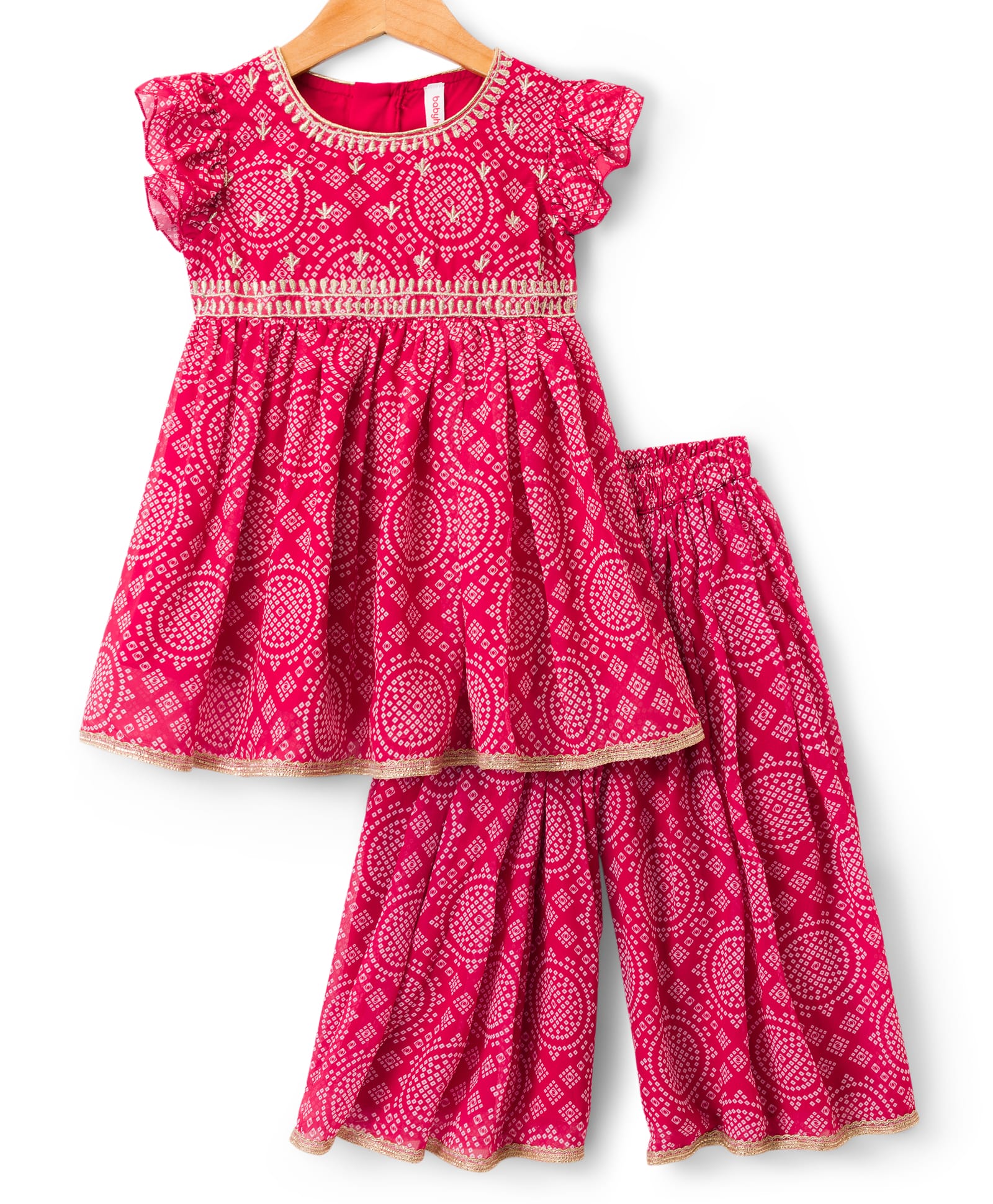 Babyhug Rayon Woven Frill Sleeves Printed Kurti Sharara with Dupatta - Maroon-picture-26