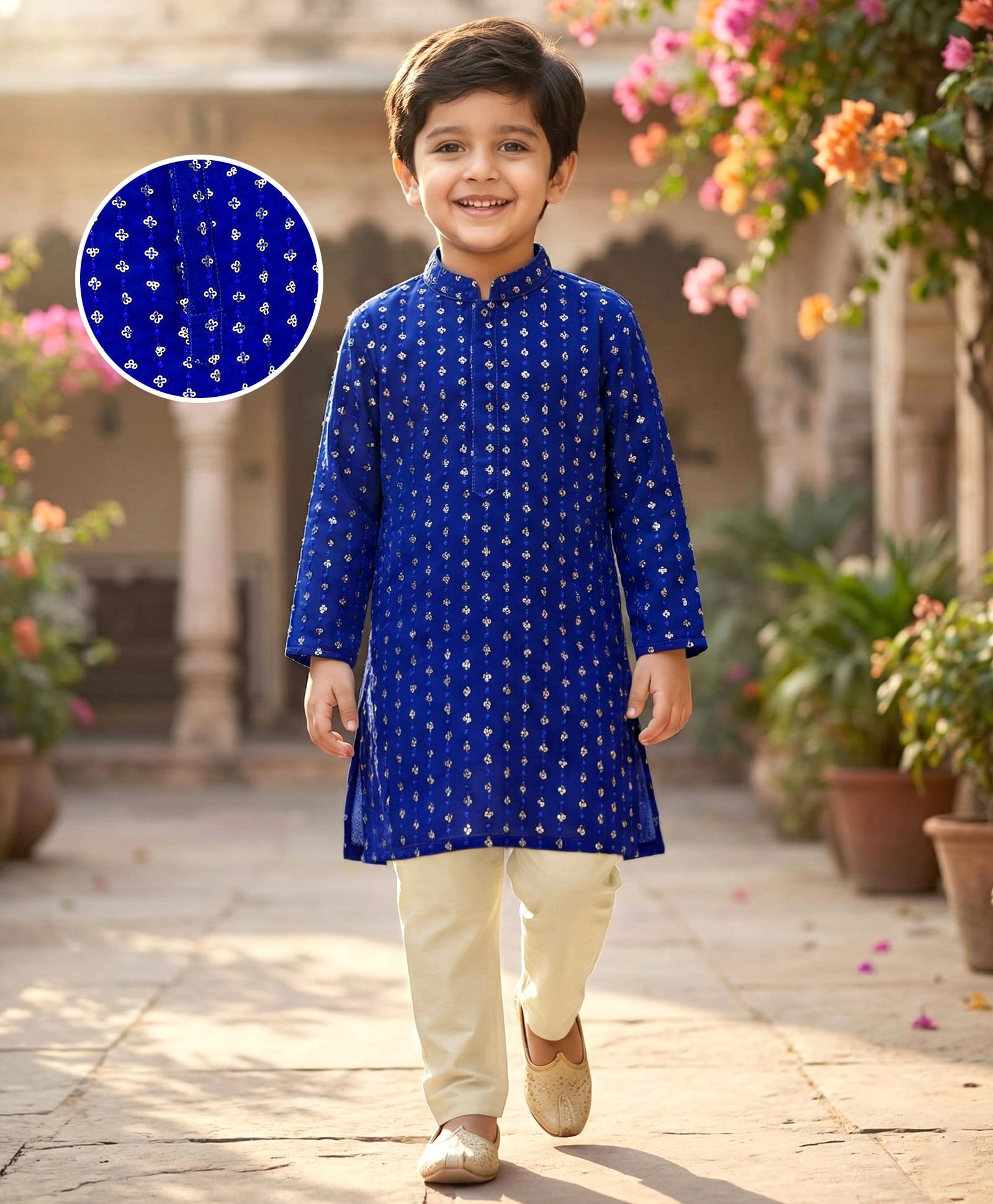 Babyhug Georgette Woven Full Sleeves Kurta Pajama Set With Sequin Detailing - Royal Blue-picture-24