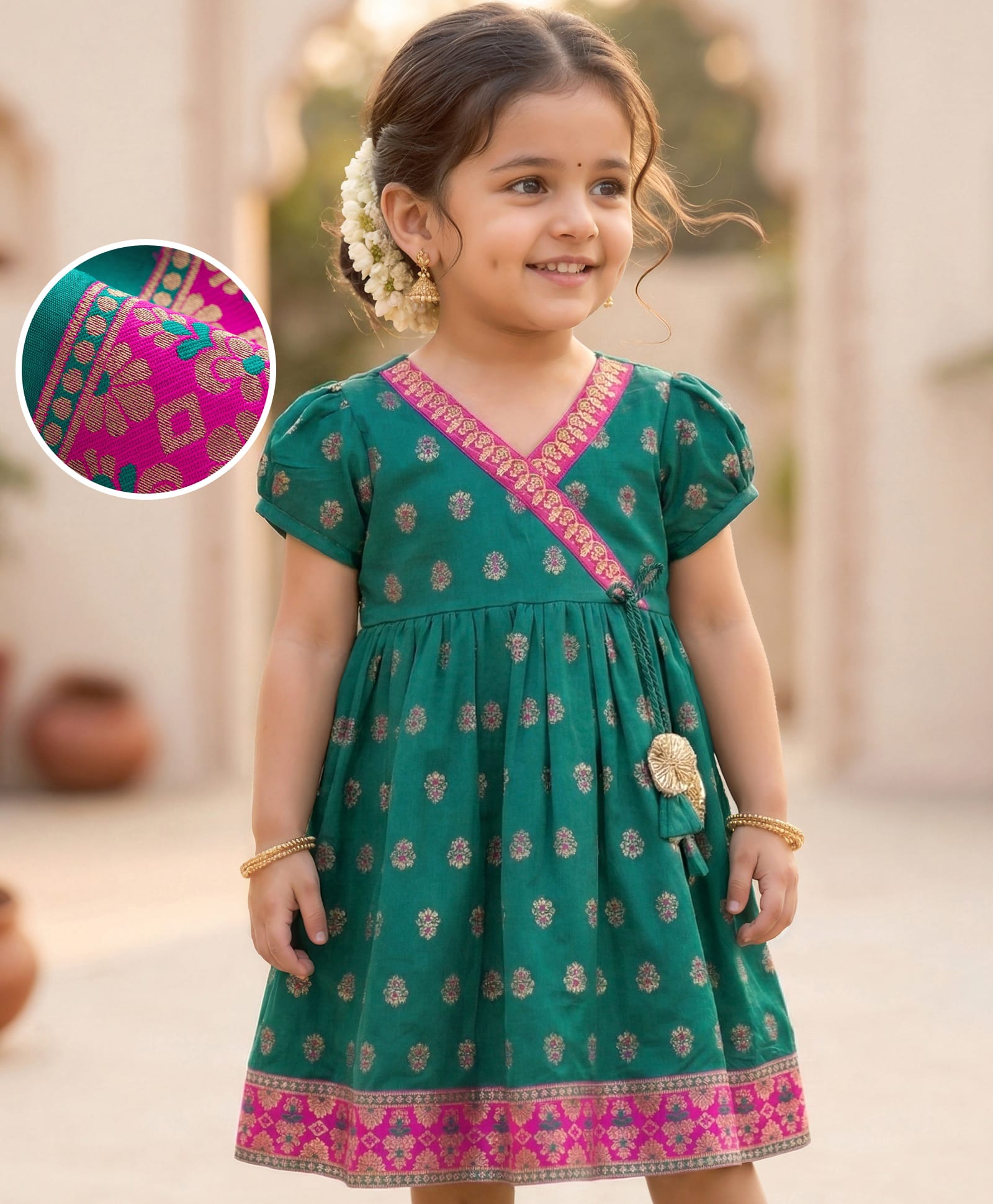 Babyhug Brocade Woven Half Sleeves Ethnic Dress With Floral Print - Green-image-19
