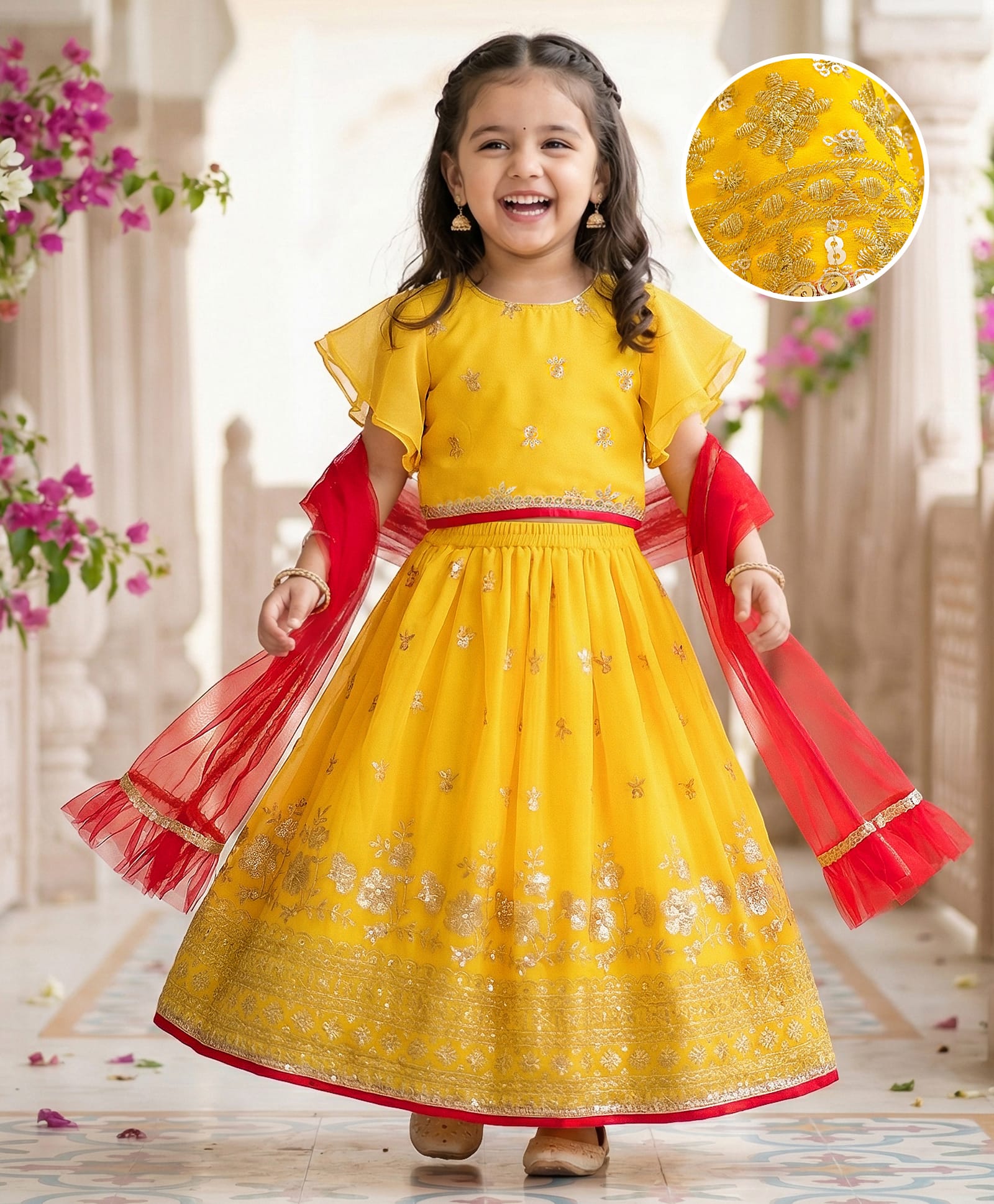 Babyhug Brocade Woven Half Frill Sleeves Choli Lehenga Set with Dupatta Embroidery & Sequin Detailing - Yellow-picture-20