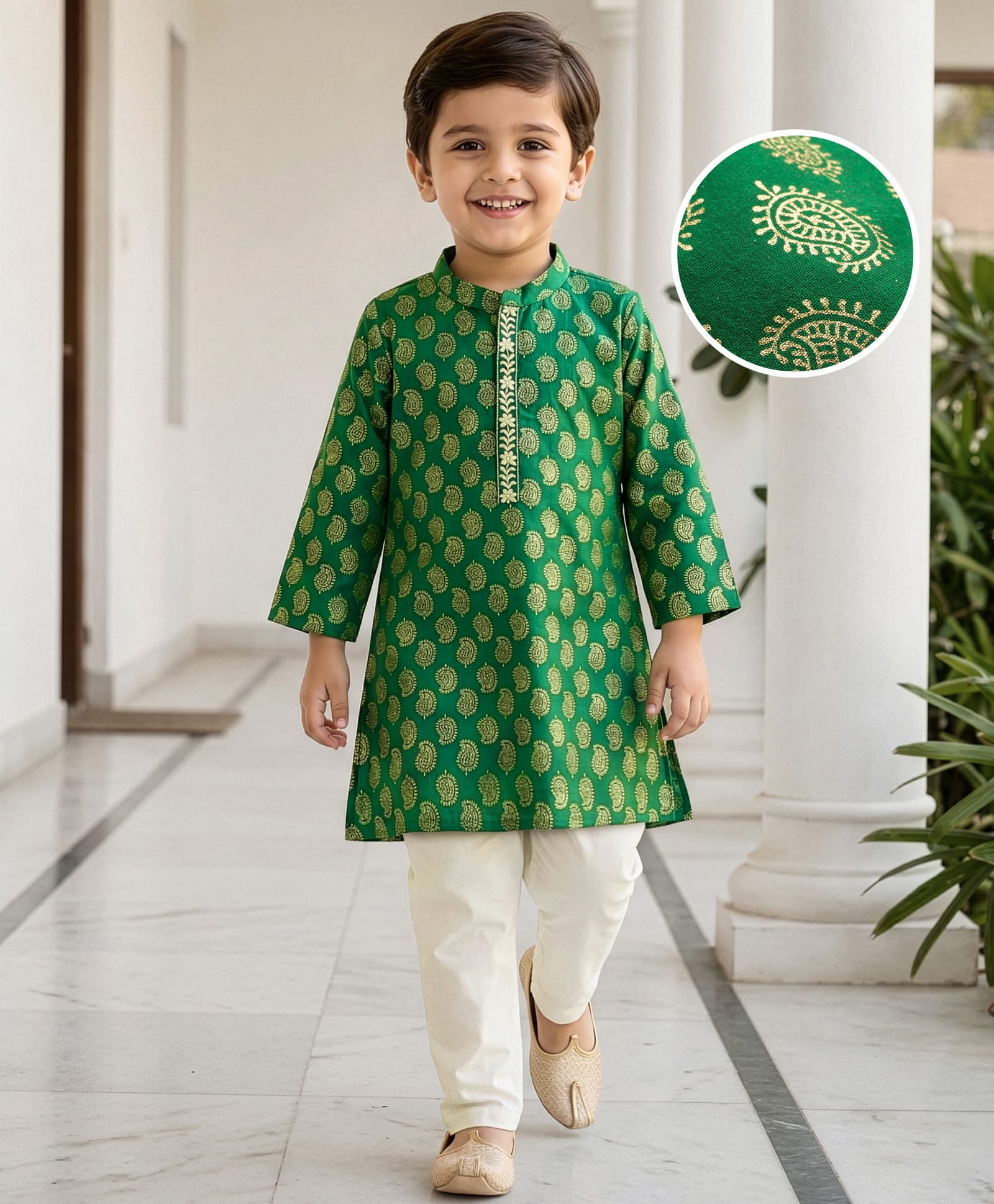 Babyhug Woven Full Sleeves Kurta Pajama Set With Floral Foil Print - Green-picture-18