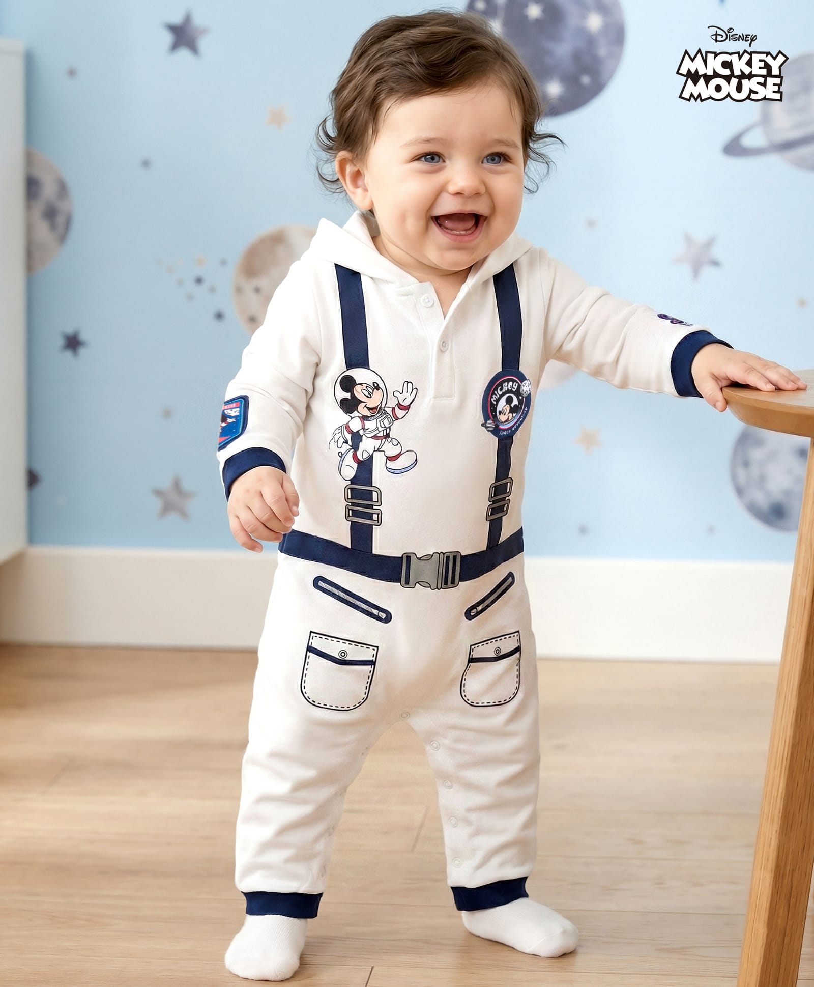 Babyhug Disney Interlock Knit Full Sleeves Hooded Romper With Mickey Mouse Graphics & Badge Detailing - White-image-17