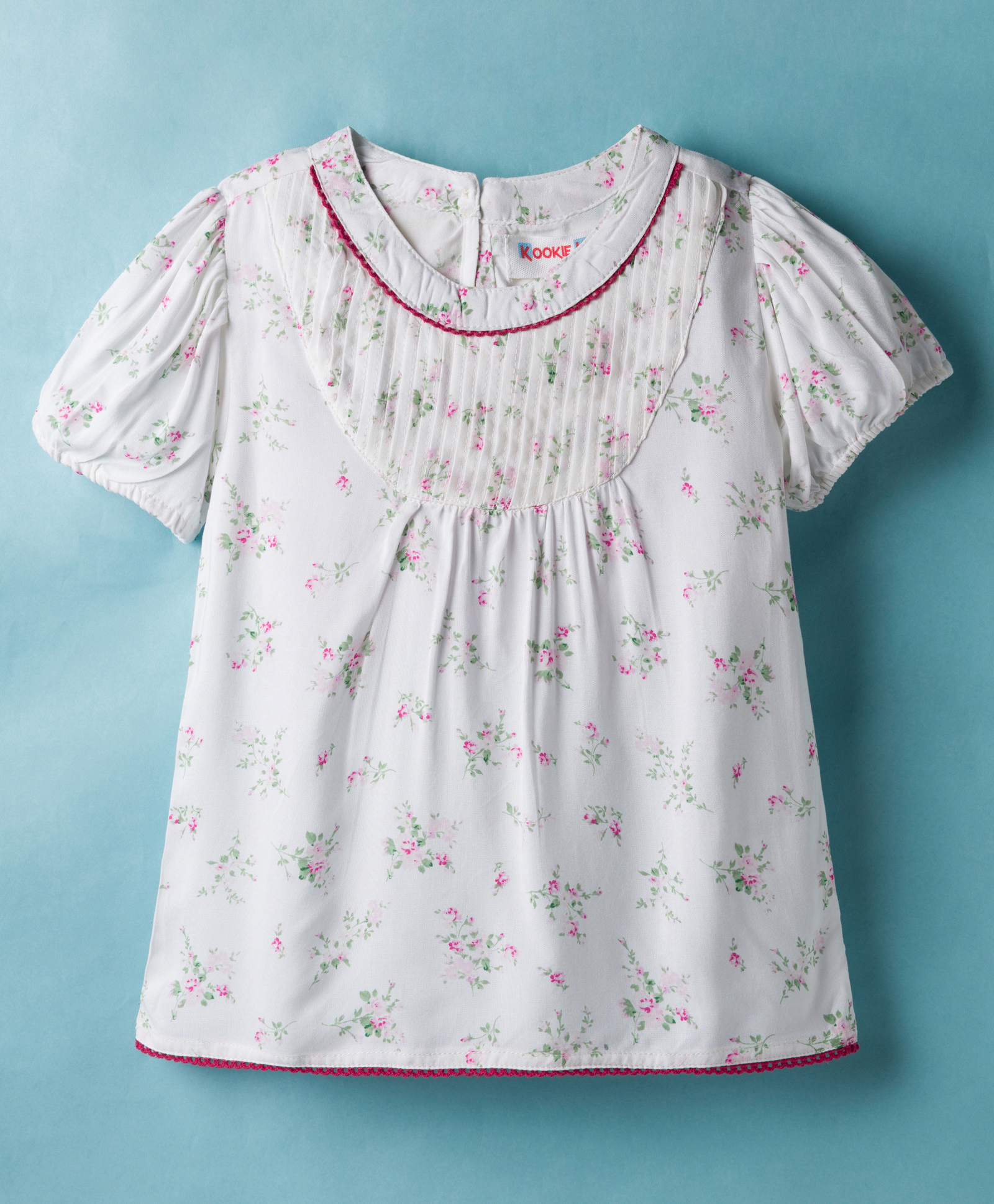 Kookie Kids Cotton Woven Half Sleeves Top with Floral Print Front Neck Pleates & Lace Detailing - White