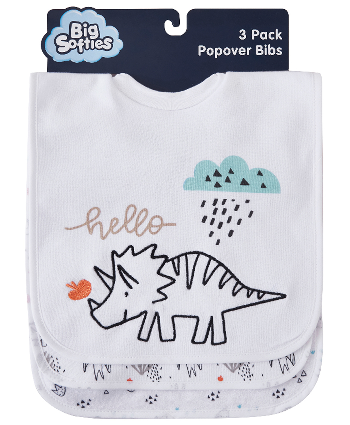 Big Softies Popover Bibs Printed & Applique Embroidery Soft Stretchable Rib Neck Blended Cotton Ultra Soft & Super Absorbent For Drooling, Teething & Feeding For unisex 6-36 Months Pack of 3-Dino-image-5