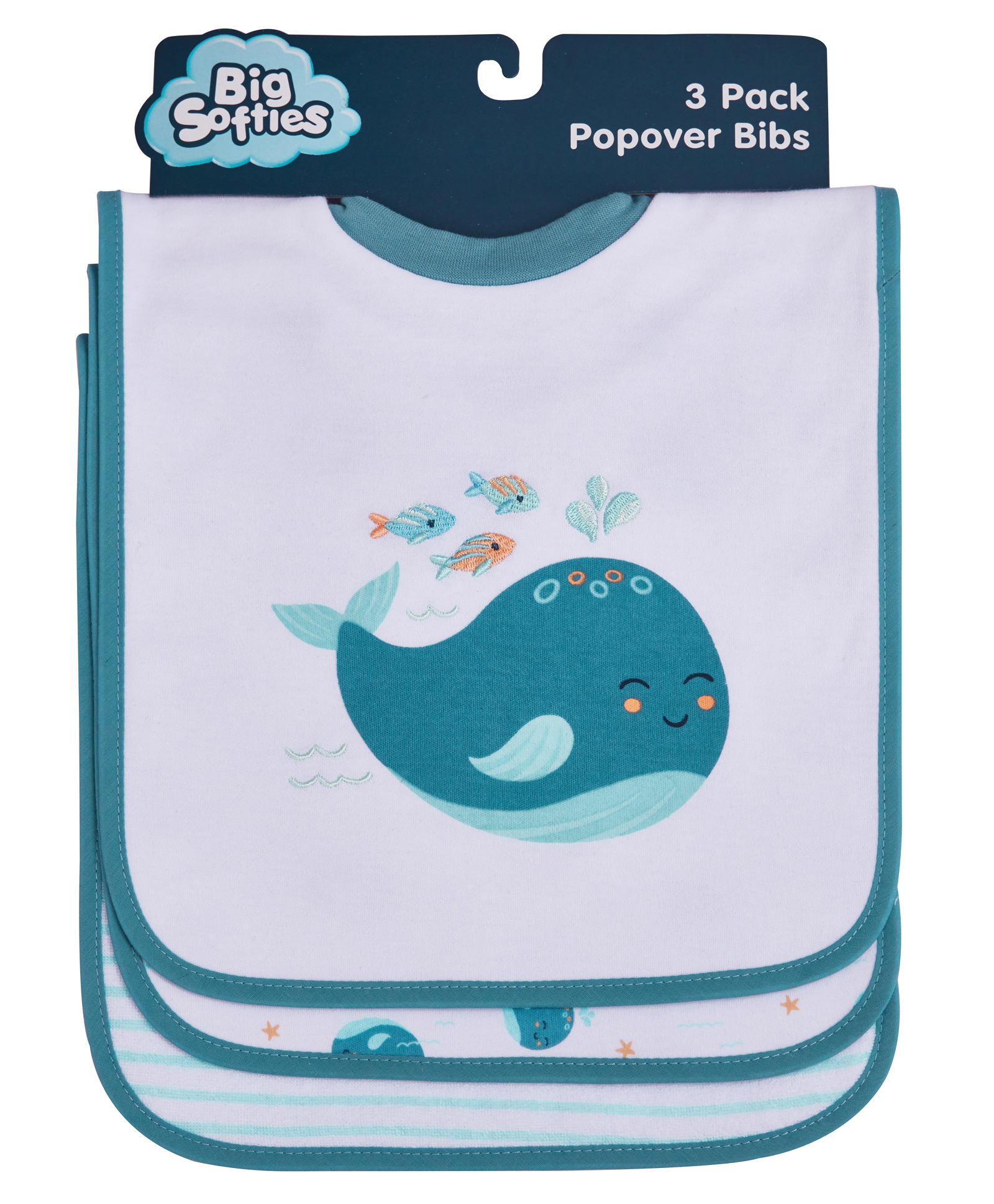 Big Softies Popover Bibs Printed & Applique Embroidery Soft Stretchable Rib Neck Blended Cotton Ultra Soft & Super Absorbent For Drooling, Teething & Feeding For Boys 6-36 Months Pack of 3-Whale-image-8