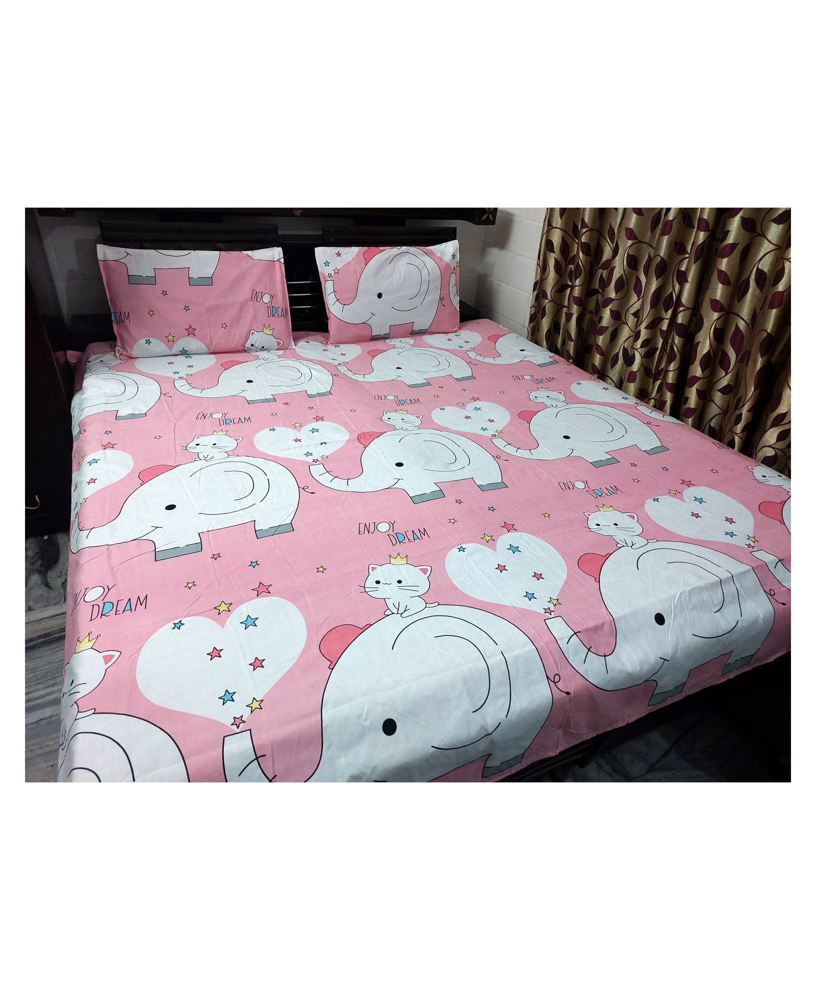 BHAIJI BEDSHEETS Glace Cotton Bed Sheet Double Bed With 2 Pillow Covers Kids Cartoon Prints - Pink elephant-image-24