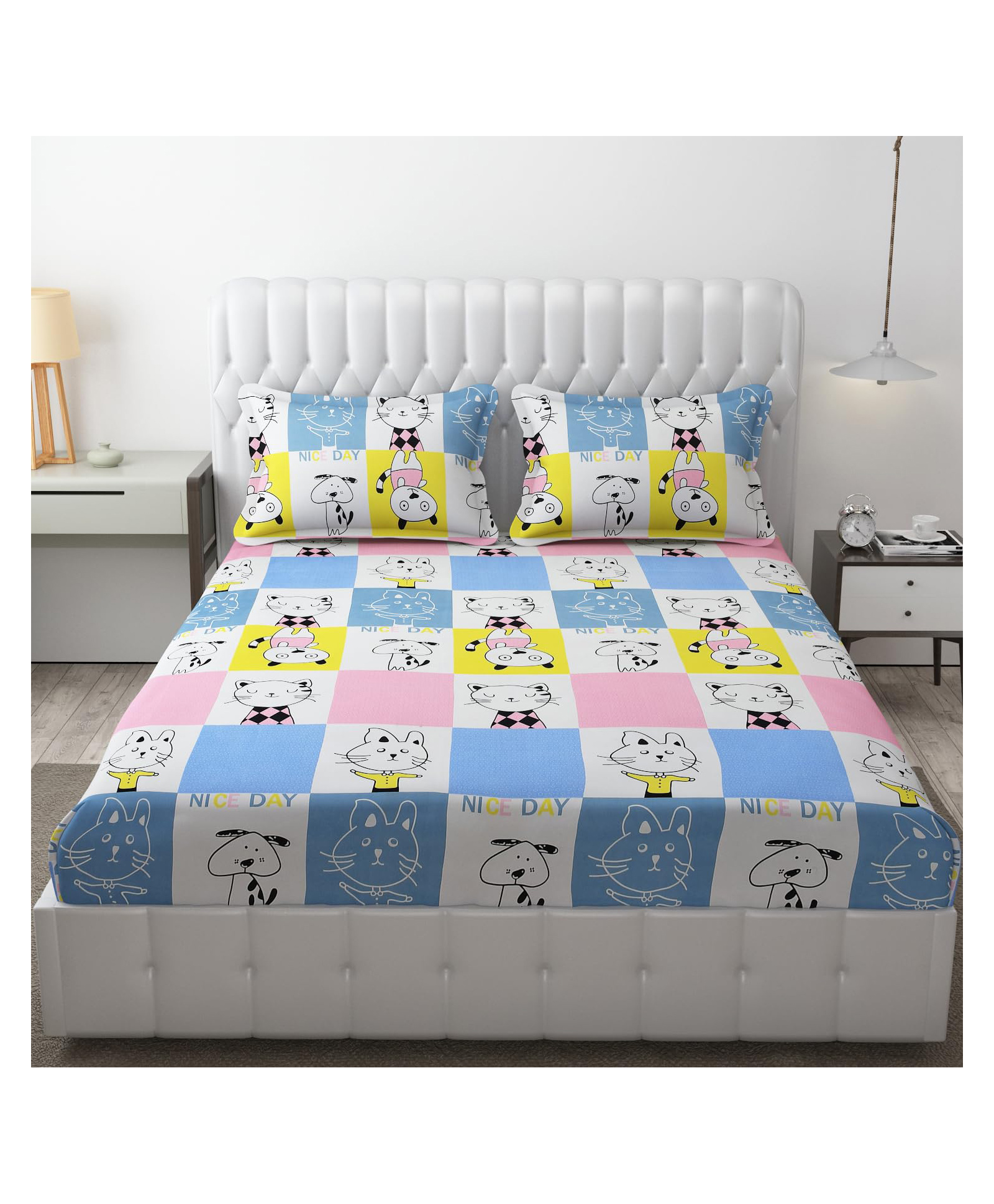 BHAIJI BEDSHEETS Glace Cotton Bed Sheet Double Bed With 2 Pillow Covers Kids Cartoon Prints - Happyn Cat-image-48