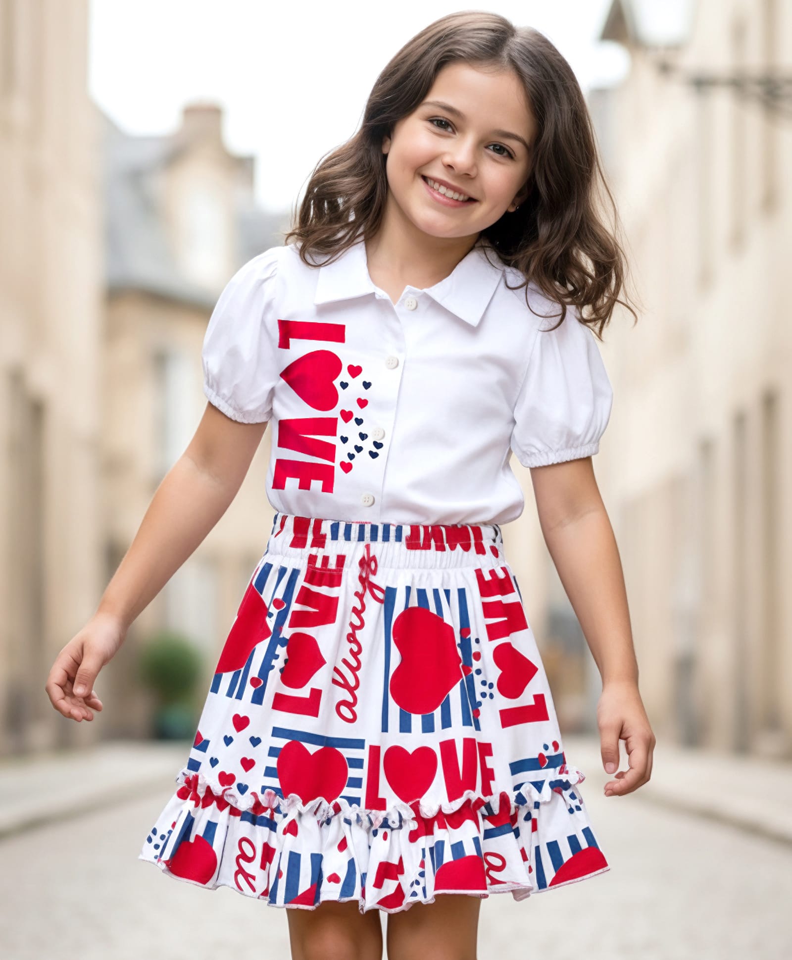 OLLINGTON ST. Cotton Half Sleeves Front Open Top & Knit Skirt with Hearts Print - White & Red-picture-27