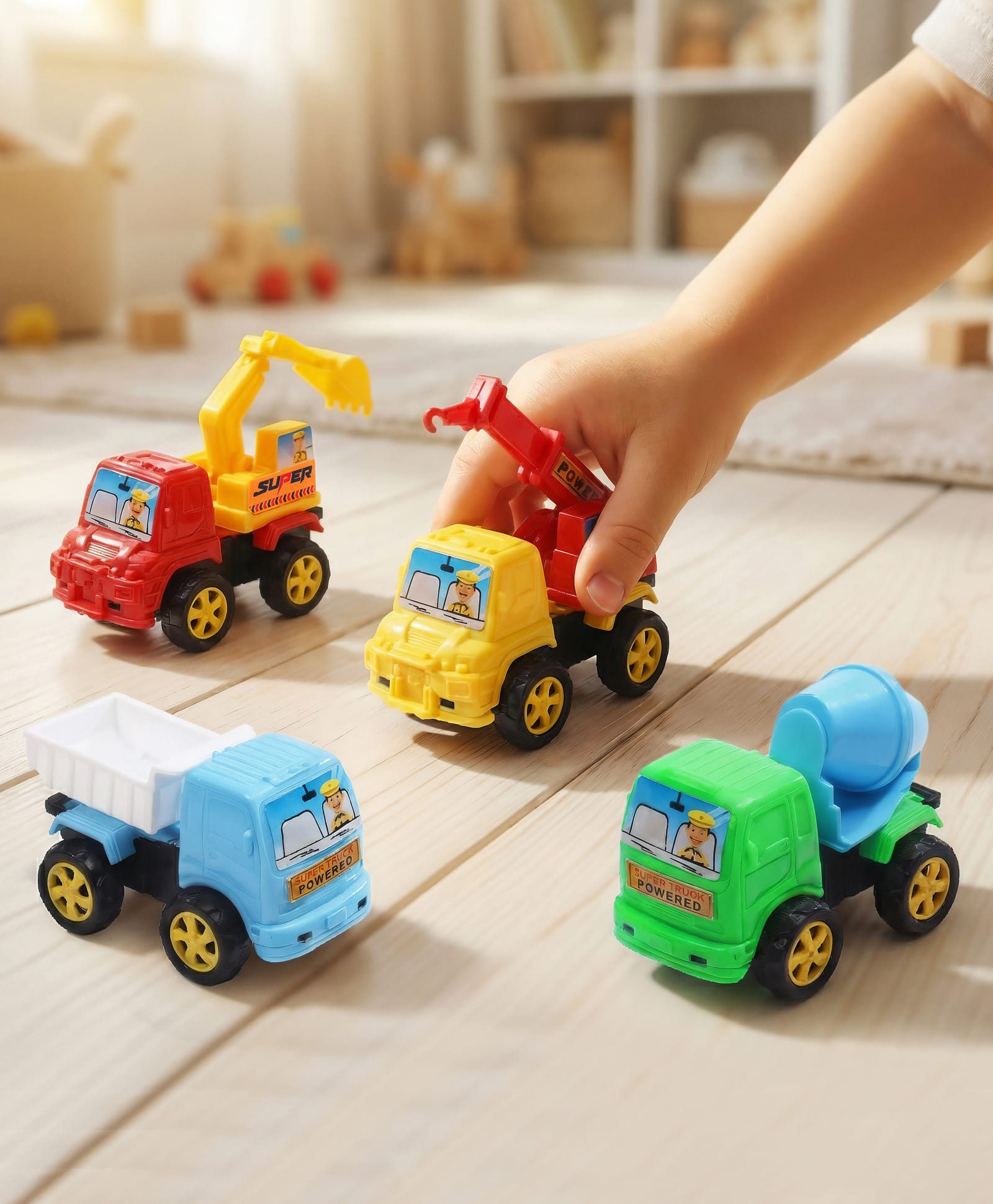 Play Nation Durable Construction Vehicle Set of 4 - Multicolor| JCB, Crane, Cement Mixer & Dumper Truck| Boosts Creativity, Learning & Role Play Fun|BIS Certified| Creative Play Toy for Kids 2+ Years