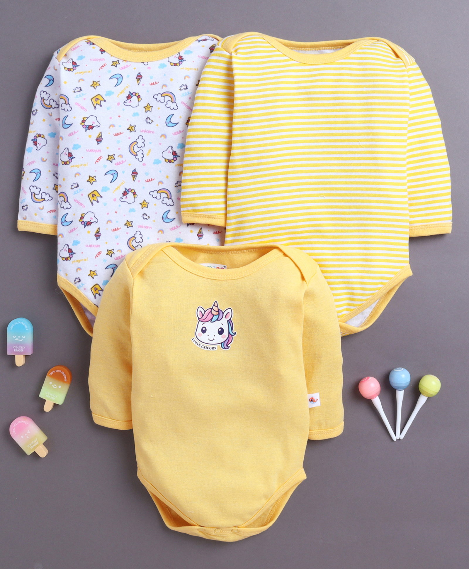 BUMZEE Cotton Knit Full Sleeves Onesies with Stripes & Unicorn Print Pack of 3 - Yellow & White-image-26
