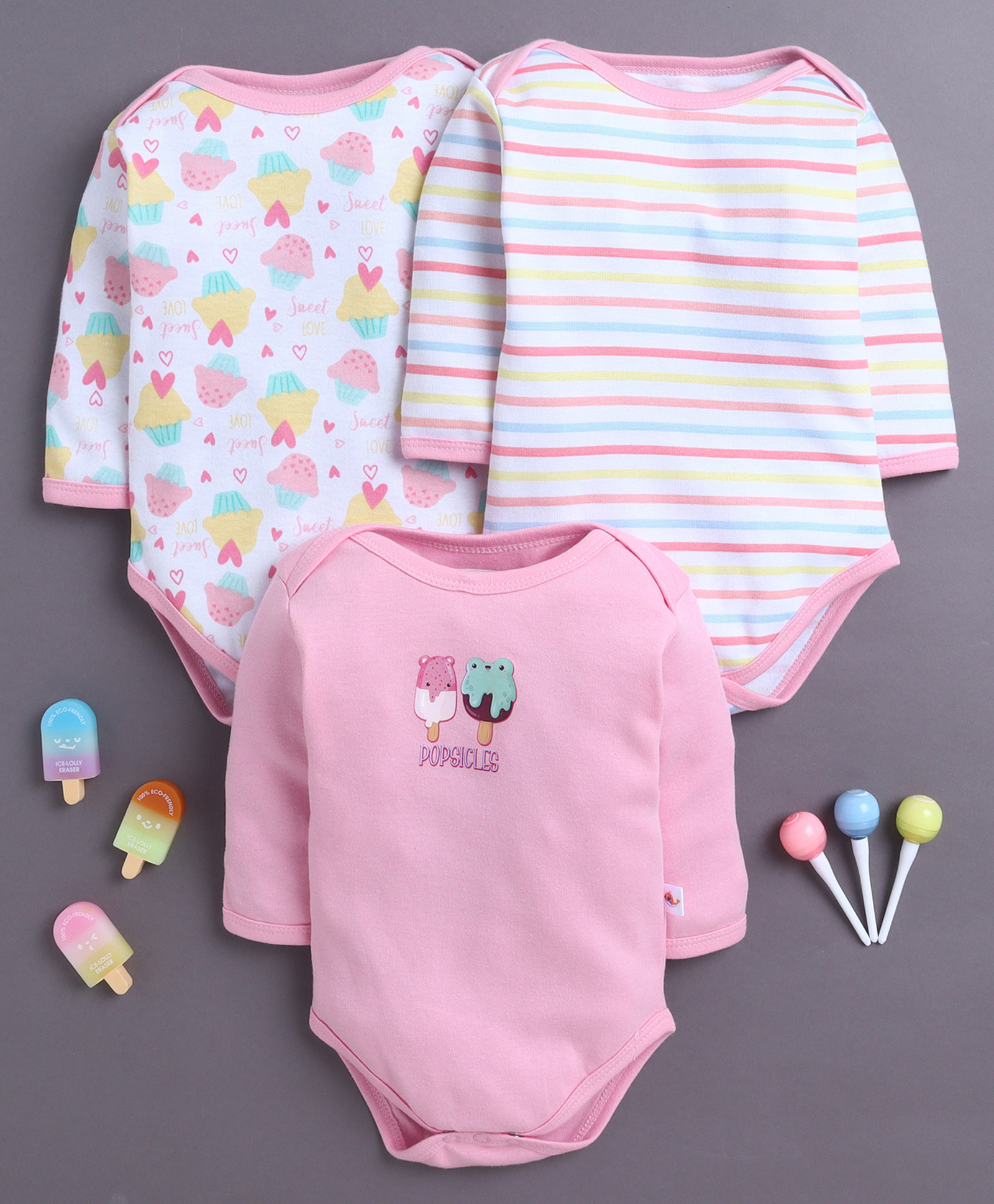 BUMZEE Cotton Knit Full Sleeves Onesies with Stripes & Cupcake & Popsicle Print Pack of 3 - Pink & White-picture-11