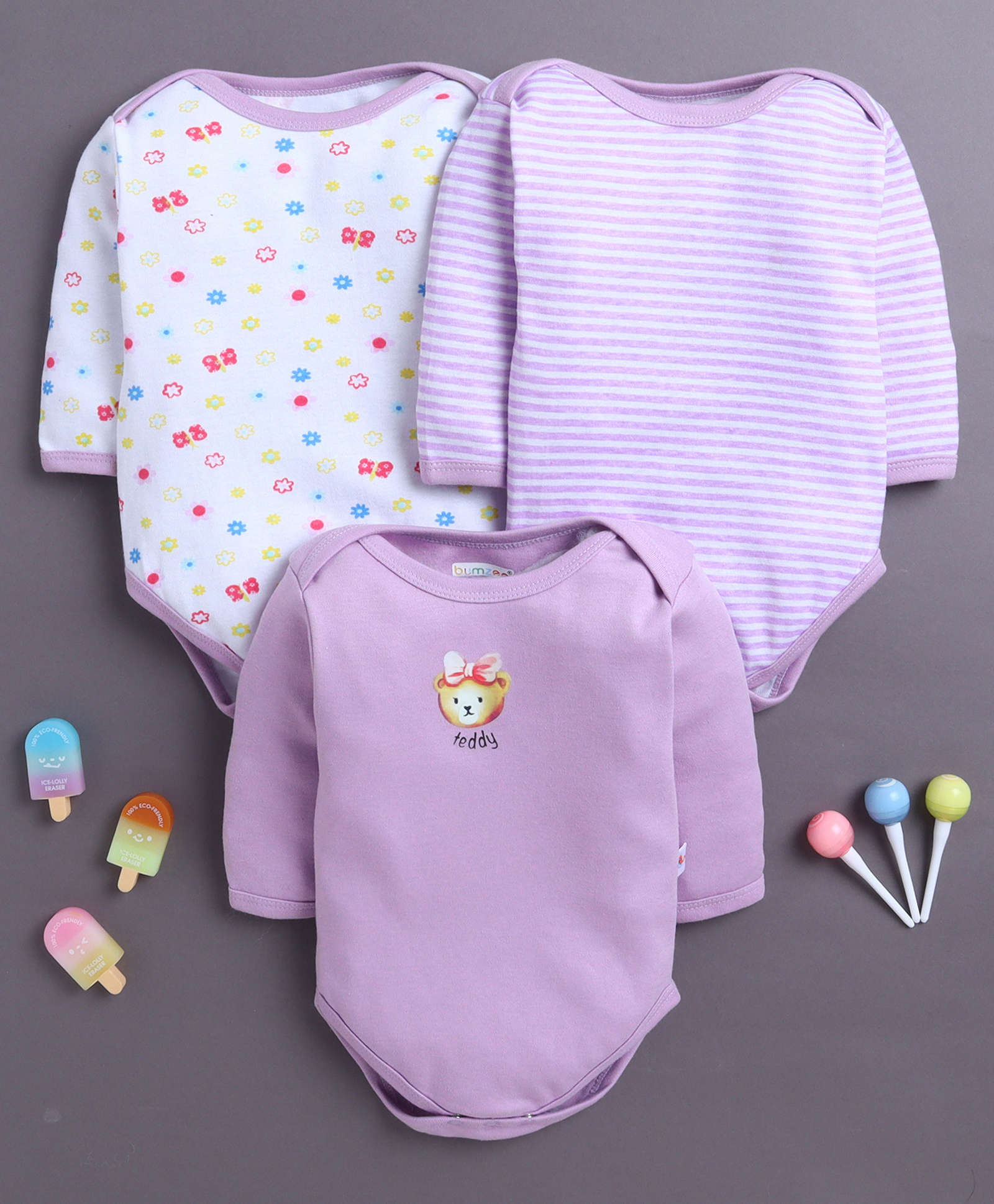 BUMZEE Cotton Knit Full Sleeves Onesies with Stripes & Floral Print Pack of 3 - Lavender & White-image-23