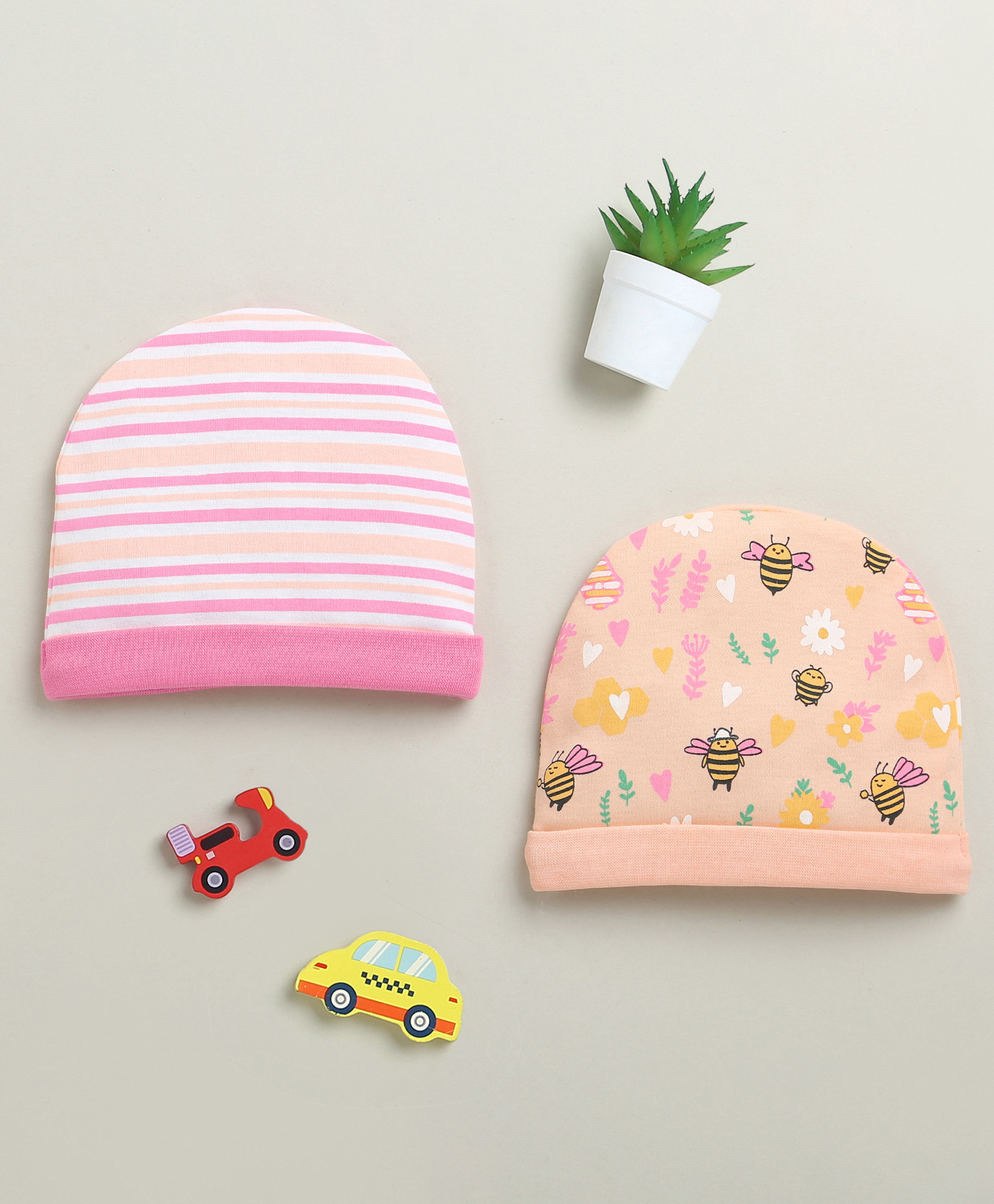 BUMZEE Cotton Knit Caps With Floral Print Pack Of 2 Pink & Peach - Diameter 17 cm-picture-21