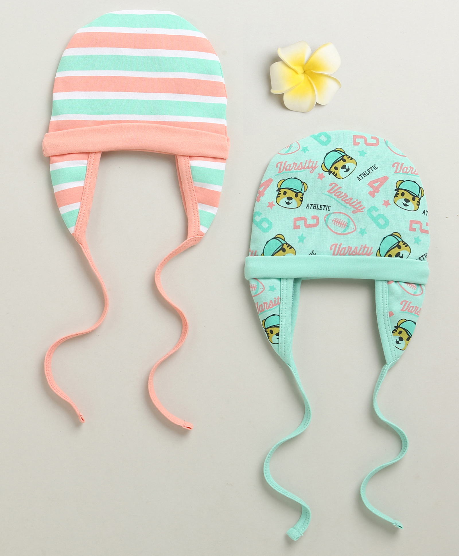 BUMZEE Cotton Knit Cap With Ear Flap Tiger Face & Striped Print Pack of 2 Light Green & Peach - Diameter 10.5 cm-picture-17