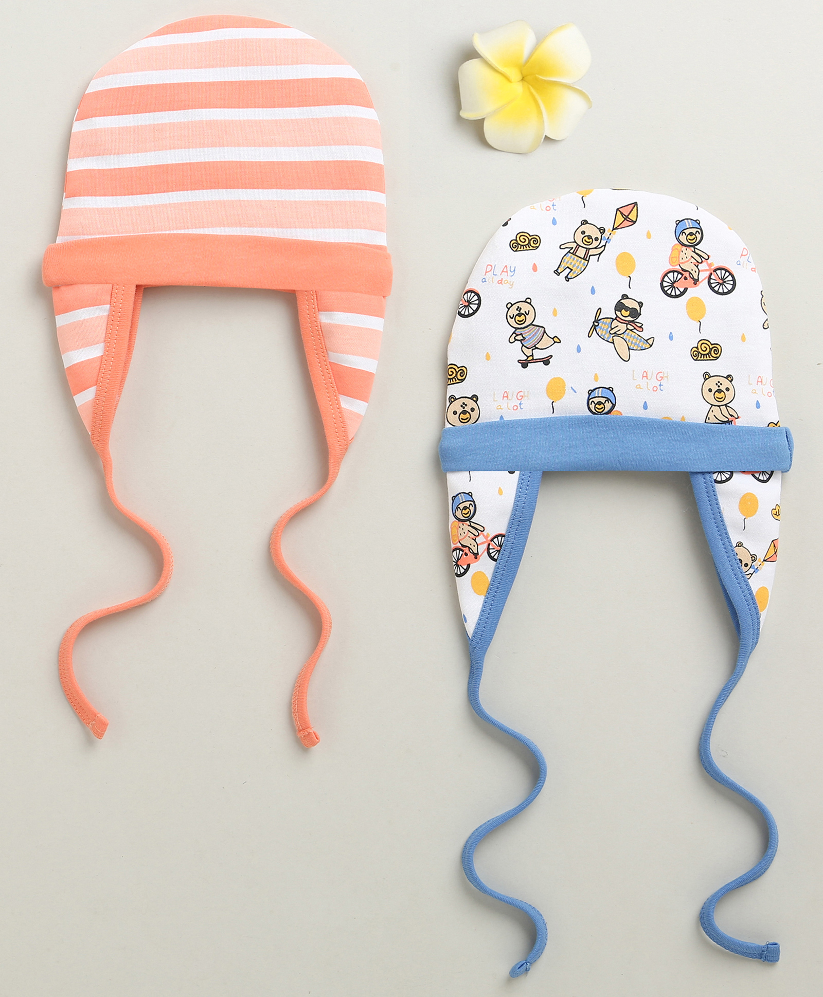 BUMZEE Cotton Knit Cap With Ear Flap Bear & Striped Print Pack of 2 White & Peach - Diameter 11.5 cm-picture-18