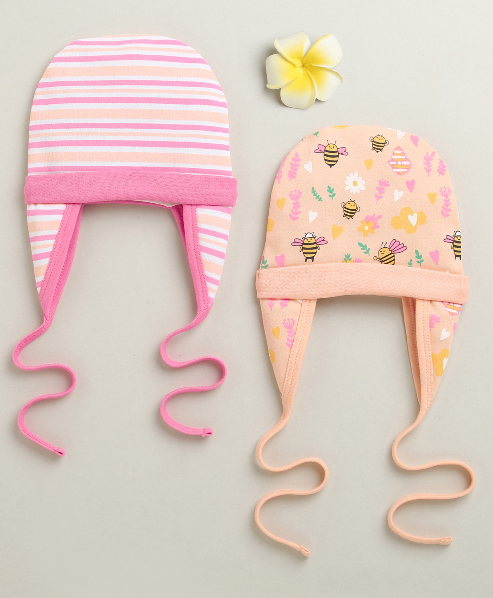 BUMZEE Cotton Knit Caps With Floral Print Pack Of 2 Peach & Pink - Diameter 18 cm-picture-33