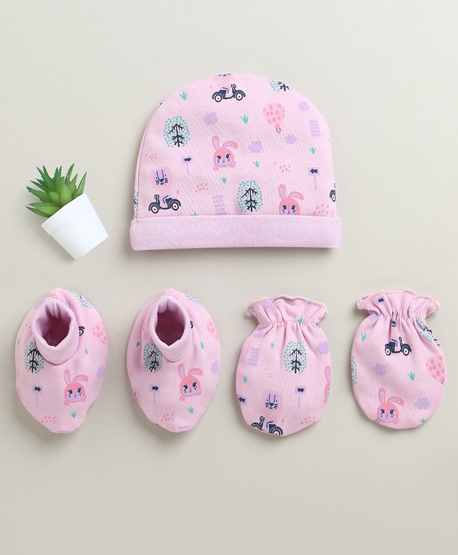 BUMZEE Cotton Knit Cap Mitten & Bootie Set with Parachute Print Lilac - 11.5 cm Diameter-image-20