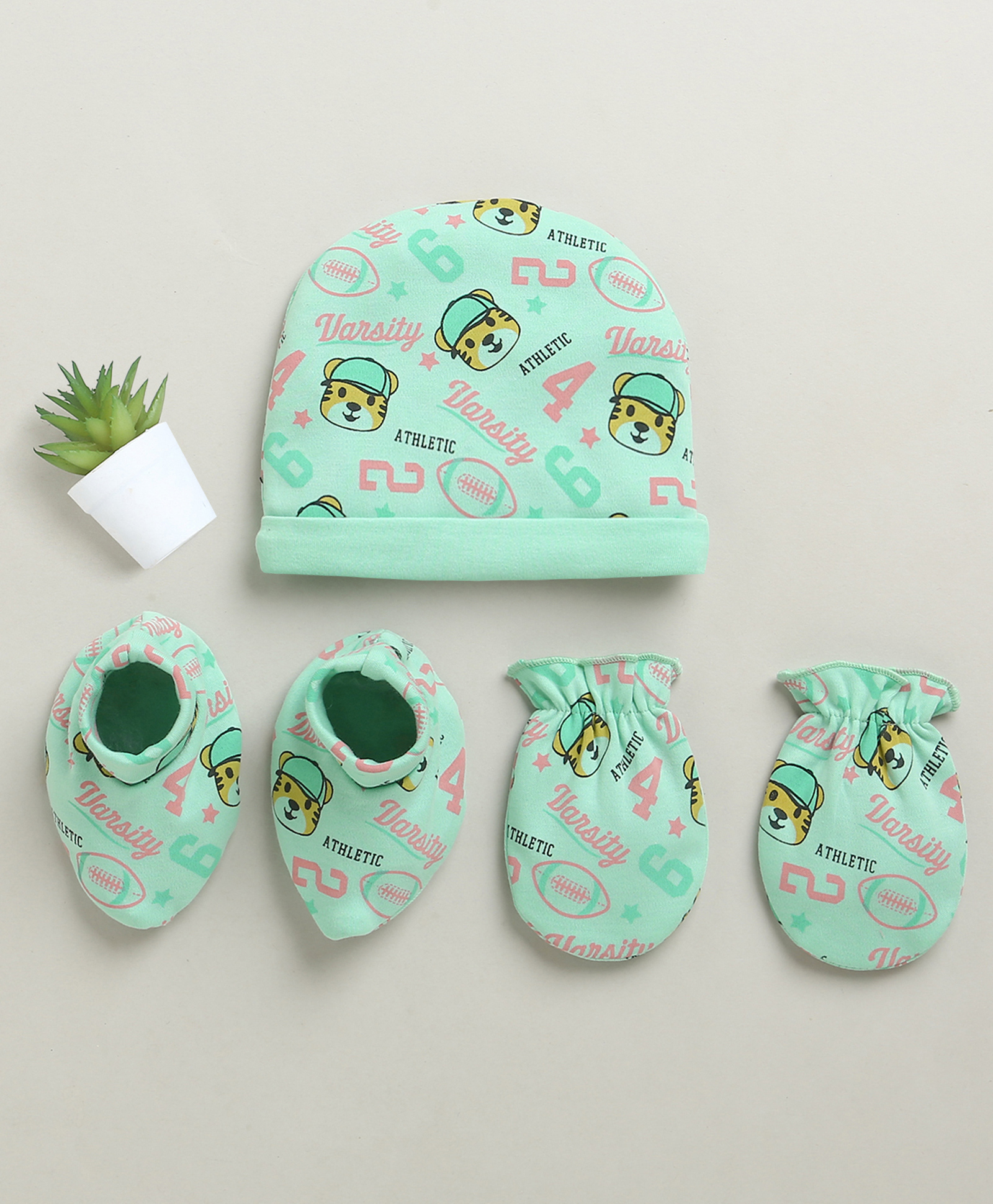 BUMZEE Cotton Knit Cap Mitten Bootie Set with Tiger Face Print Light Green - Diameter 10 cm-picture-20