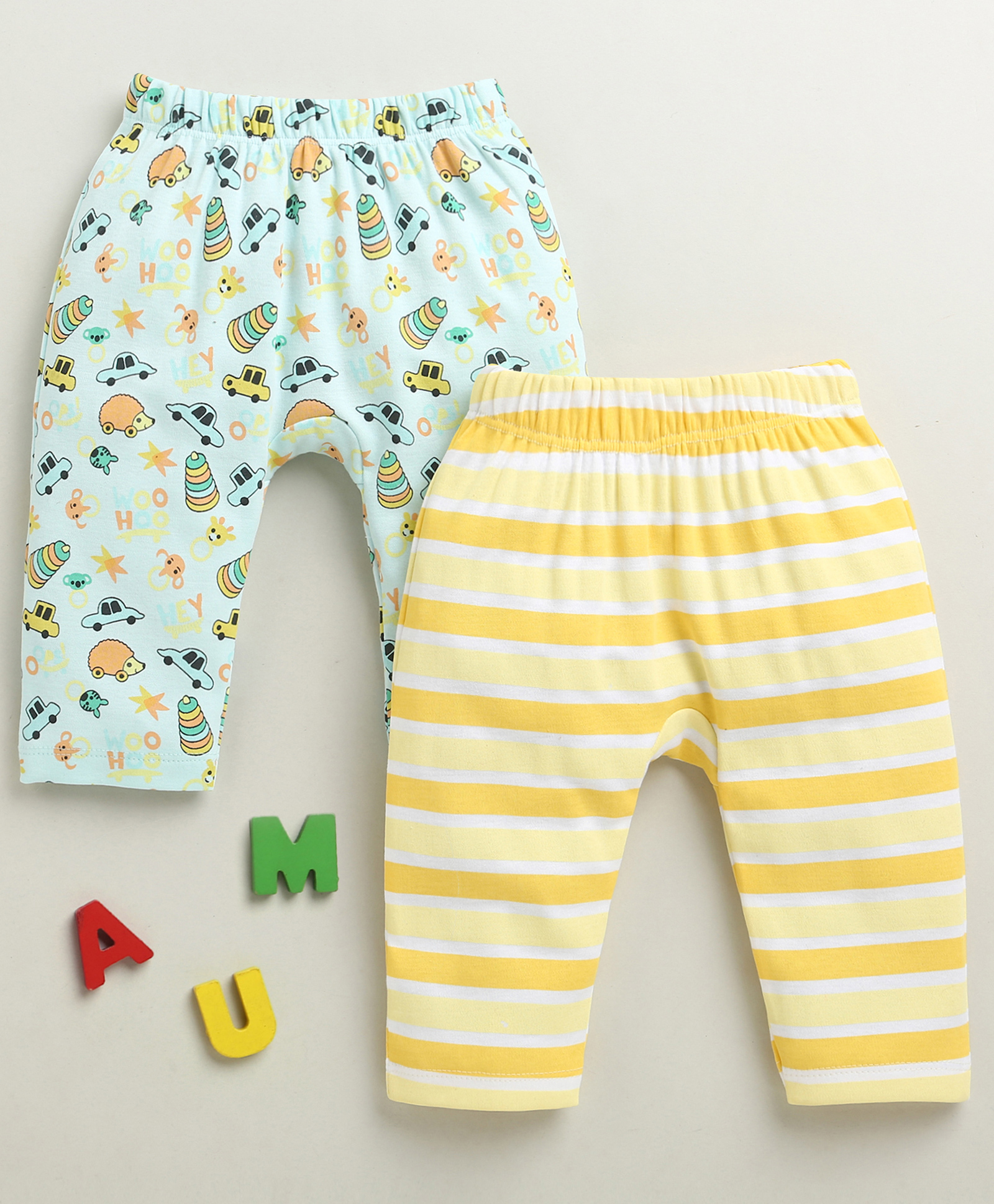 BUMZEE Cotton Knit Full Length Diaper Leggings with Animal & Striped Print Pack of 2 - Sky Blue & Yellow-picture-27