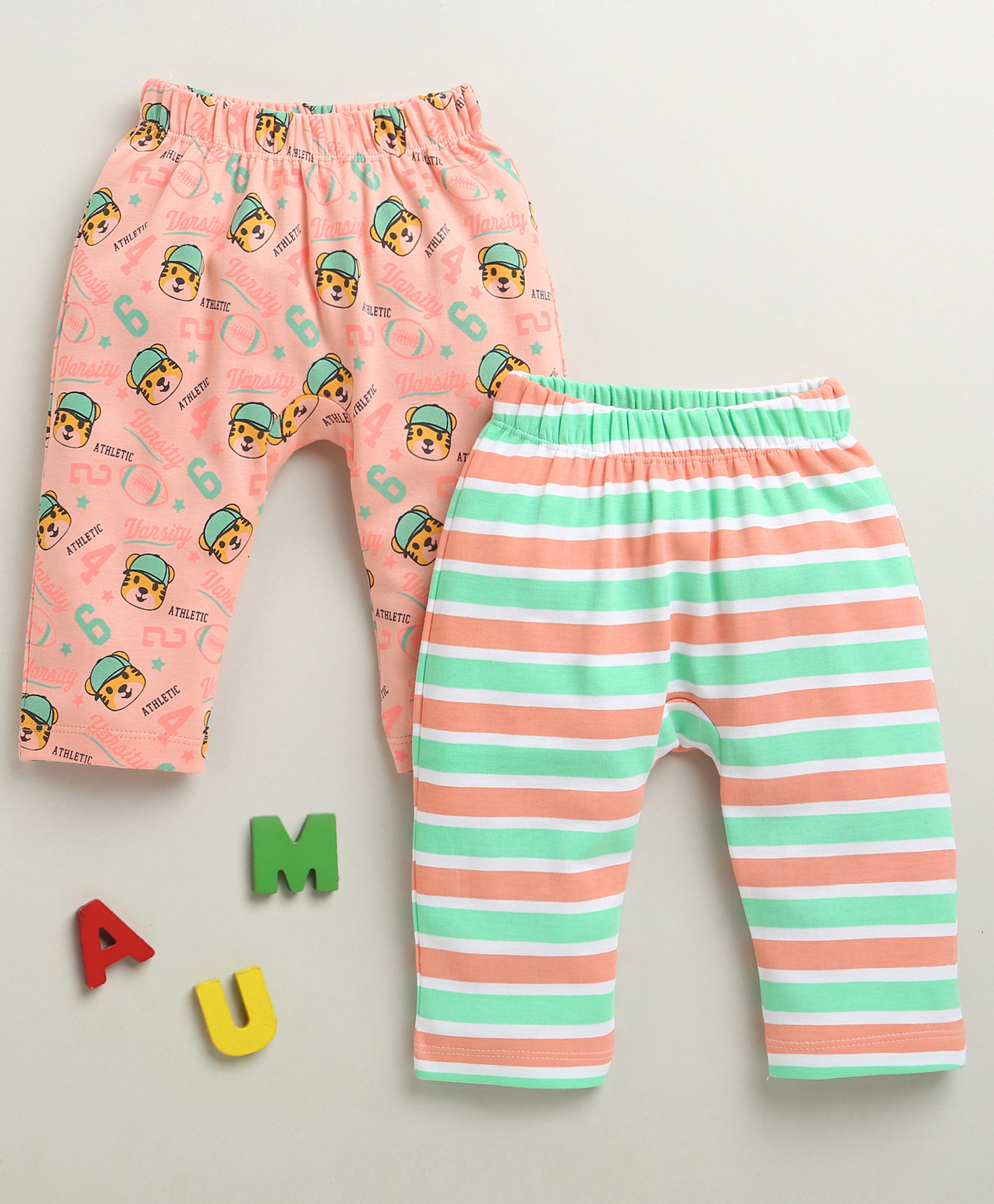 BUMZEE Cotton Knit Full Length Diaper Leggings with Stripes & Animal Print Pack of 2 - Peach & Light Green-picture-33