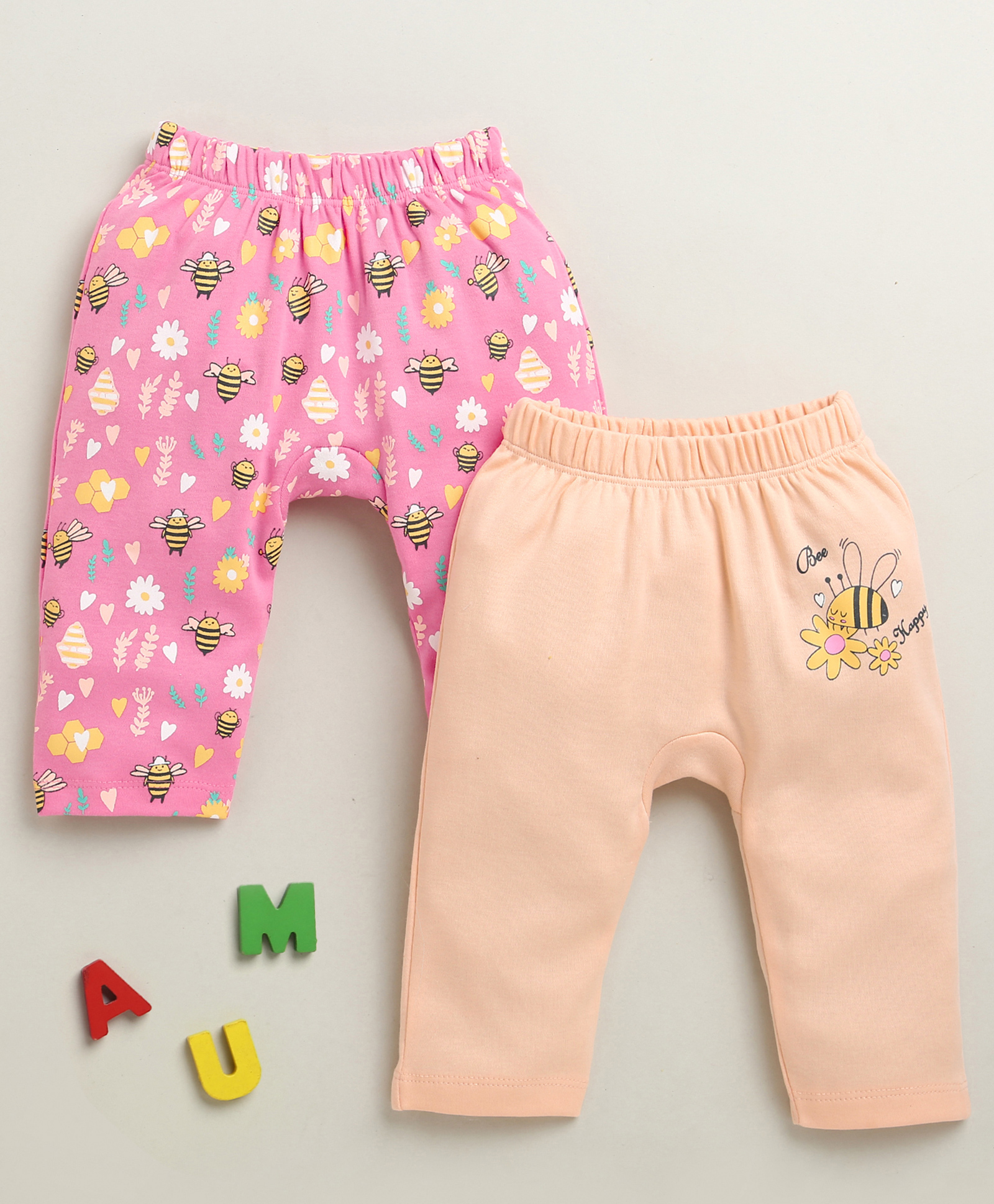 BUMZEE Cotton Knit Full Length Diaper Leggings With Floral Print Pack Of 2 - Pink & Tan-image-1