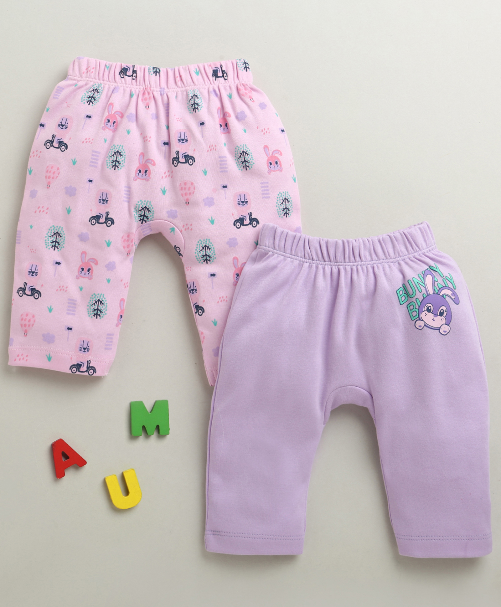 BUMZEE Cotton Knit Full Length Diaper Leggings with Animal & Vehicle Print Pack of 2 - Lilac & Lavender-image-26
