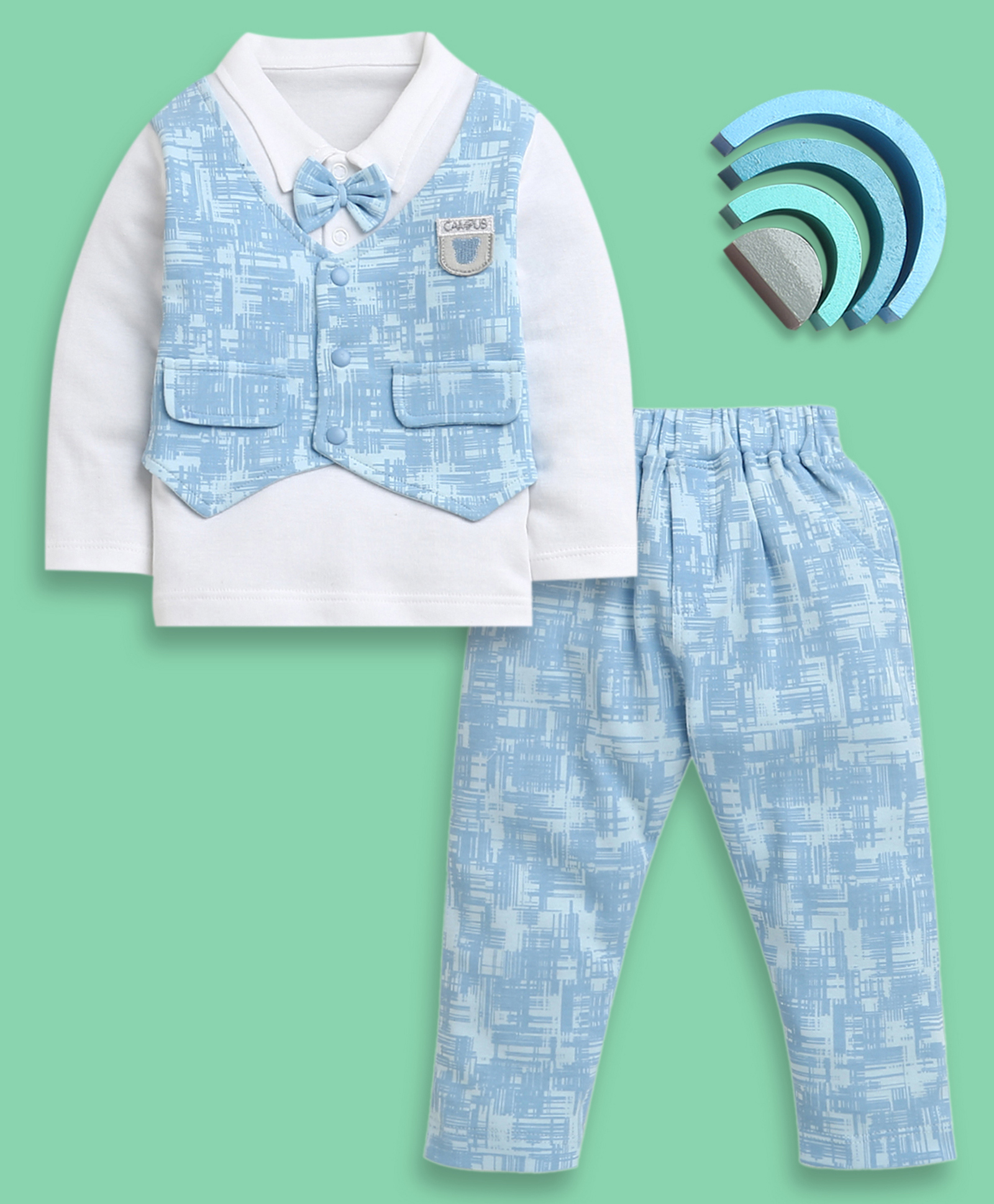 BUMZEE Cotton Knit Full Sleeves Abstract Print Formal Shirt with Attached Waistcoat & Bow & Trouser Set - Sky Blue & White-image-8