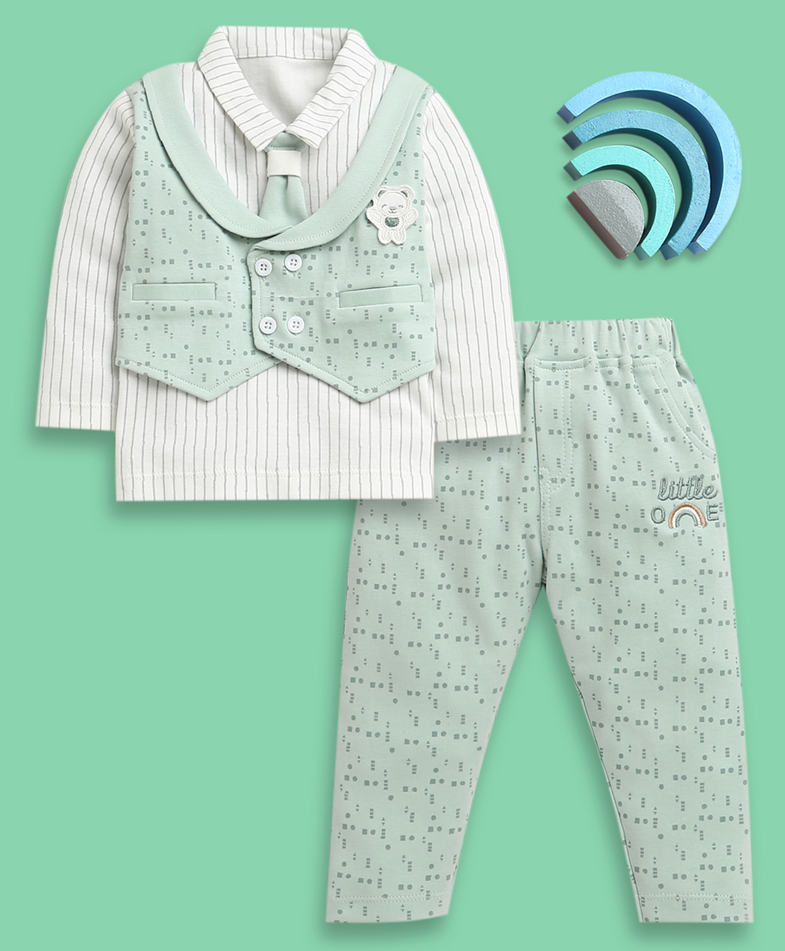 BUMZEE Cotton Knit Full Sleeves Abstract Print Party Wear Shirt with Attached Waistcoat & Tie & Trouser Set - Sea Green & White-image-44