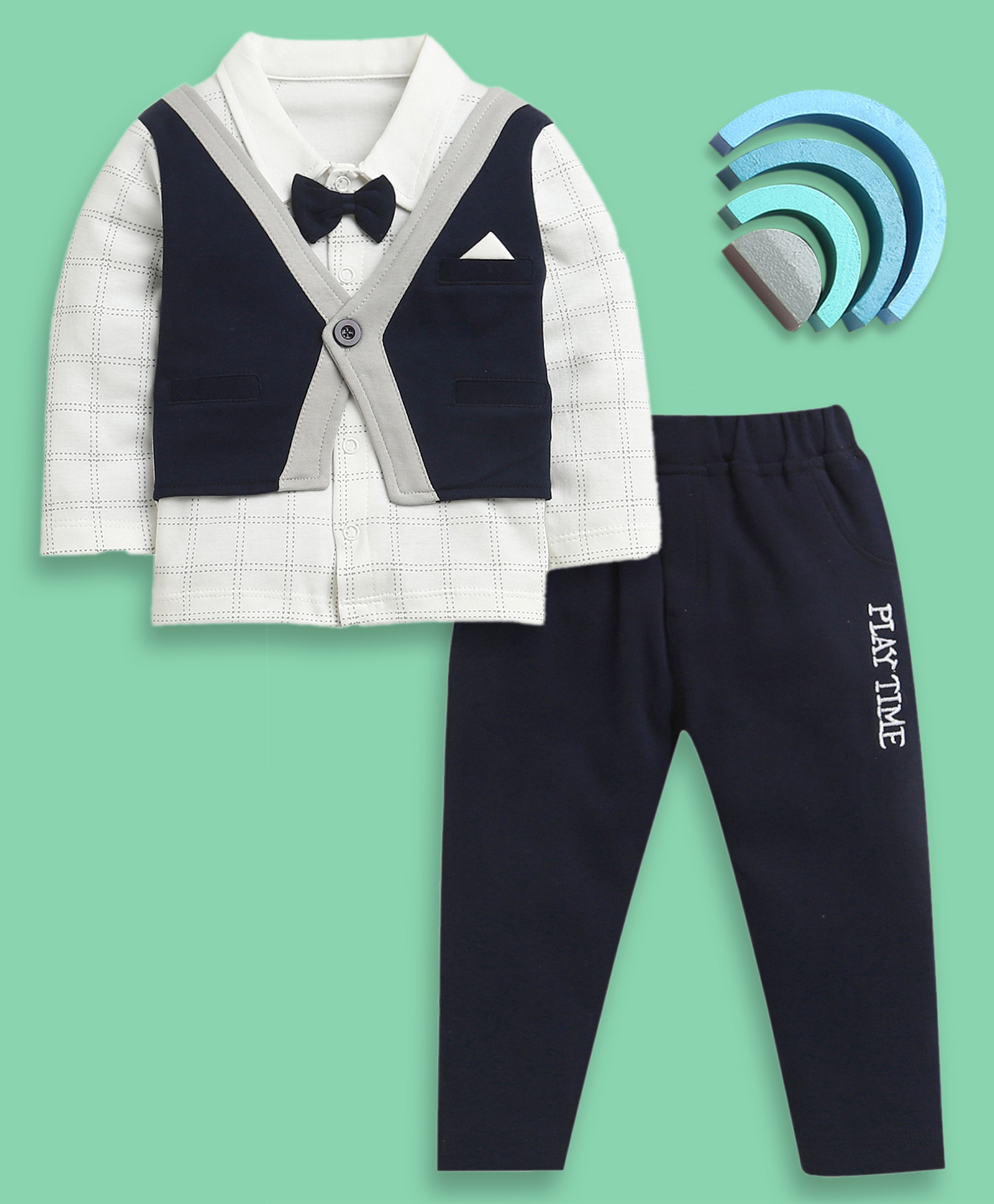 BUMZEE Cotton Knit Full Sleeves Checkerd Formal Shirt with Attached Waistcoat & Bow & Trouser Set - Navy & White-picture-18
