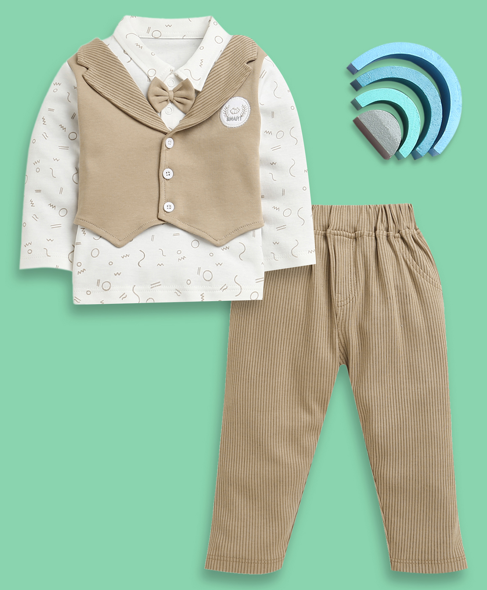 BUMZEE Cotton Knit Full Sleeves Graphic Print Party Wear Shirt with Attached Waistcoat & Bow & Trouser Set - Brown & White-image-27