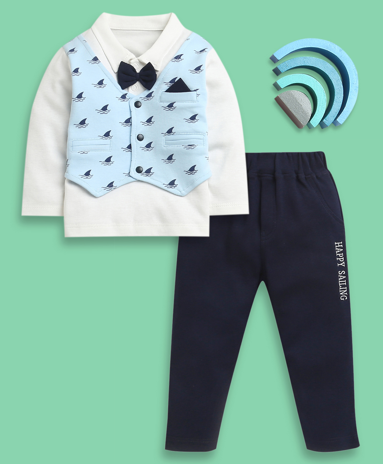 BUMZEE Cotton Knit Full Sleeves Happy Sailing Print Party Wear Shirt with Attached Waistcoat & Bow & Trouser Set - Navy & White-picture-5