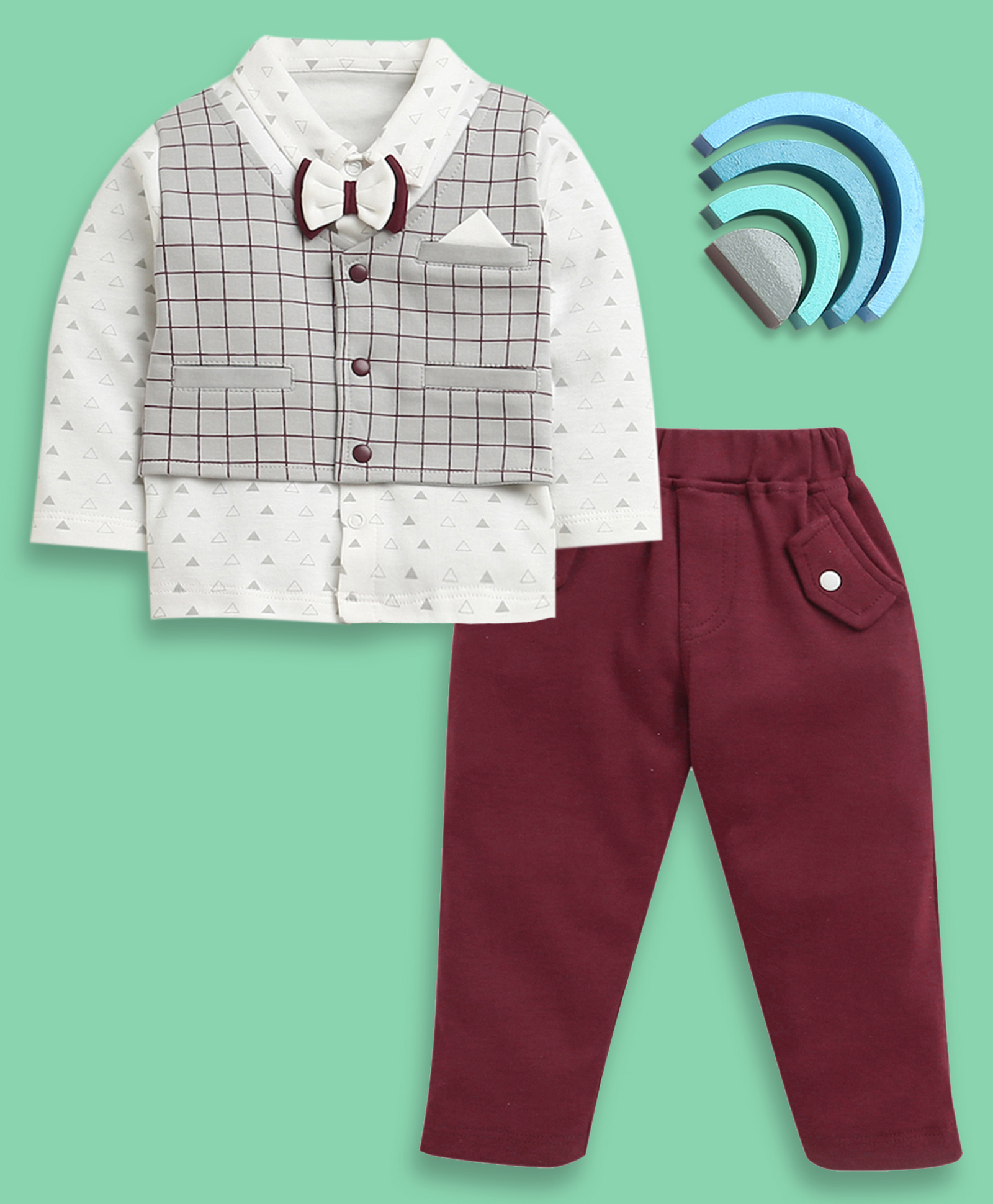 BUMZEE Cotton Knit Full Sleeves Checks & Triangle Print Formal Shirt with Attached Waistcoat & Bow & Trouser Set - Maroon & White-image-3