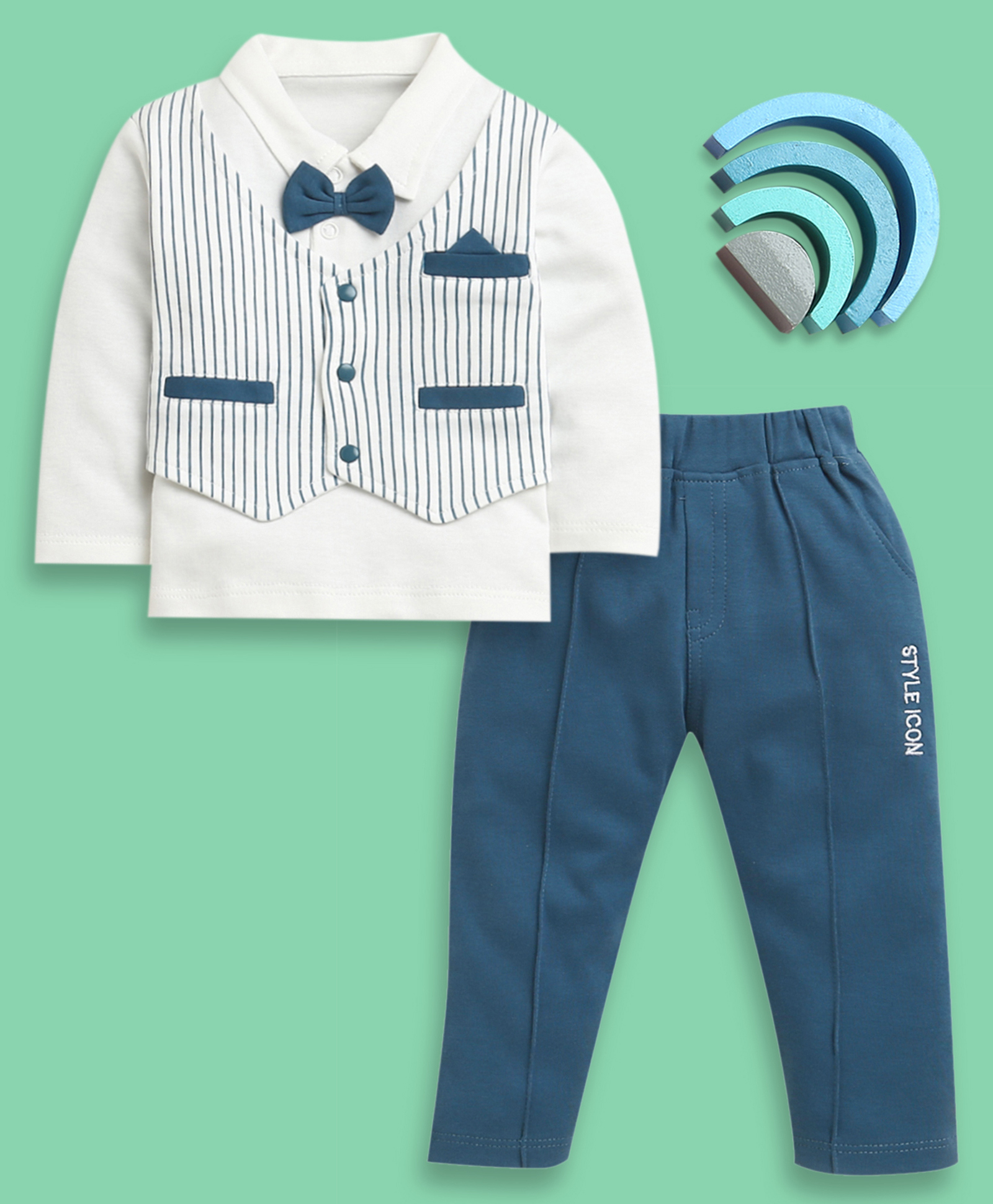 BUMZEE Cotton Knit Full Sleeves Striped Party Wear Shirt with Attached Waistcoat & Bow & Trouser Set - Teal Blue & White-image-13