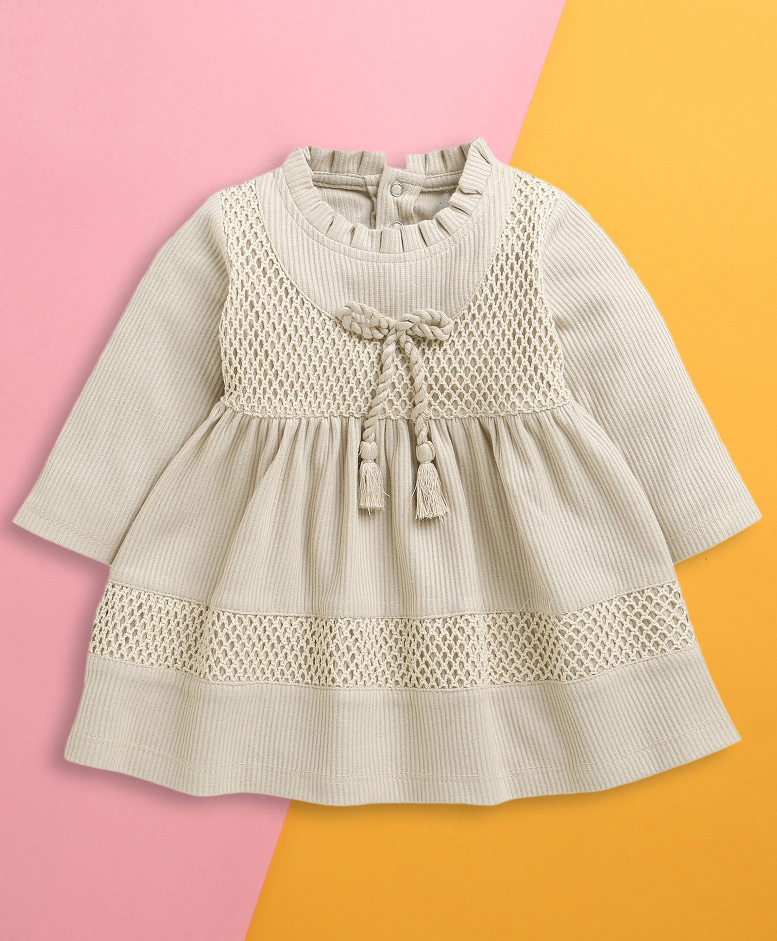 BUMZEE Cotton Knit Full Sleeves Lace Detailing Dress - Beige-picture-21