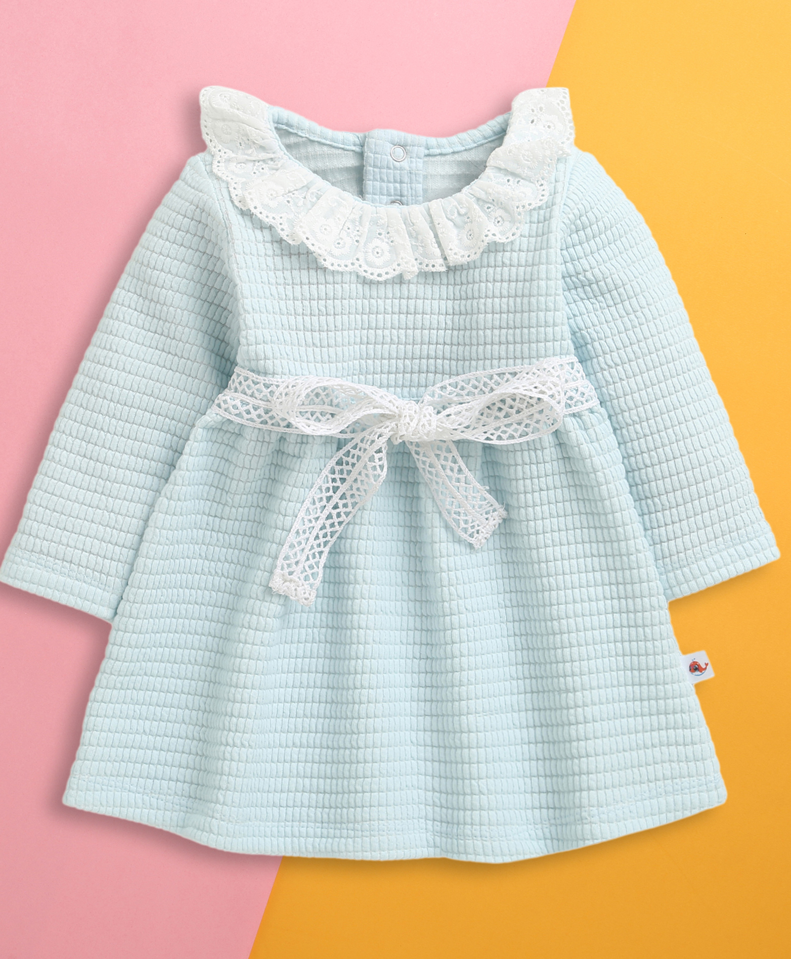 BUMZEE Cotton Knit Full Sleeves Lace Detailing Textured Dress - Sky Blue-picture-10