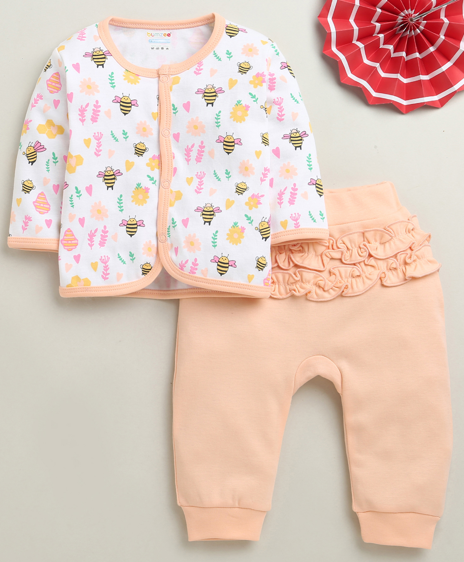 BUMZEE Cotton Knit Full Sleeves Night Suit With Floral Print - Peach & White-image-24