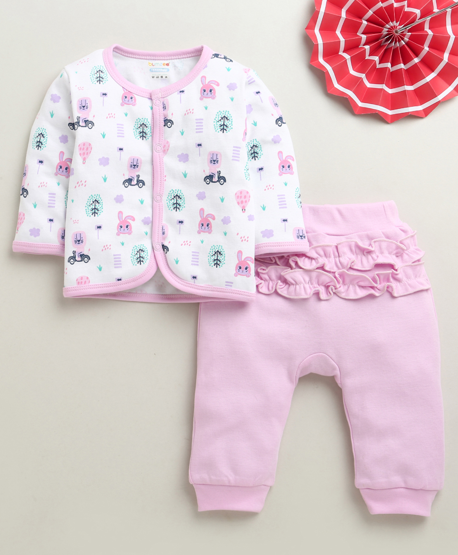 BUMZEE Cotton Knit Full Sleeves Jungle Theme Printed Night Suit - White & Lilac-picture-12