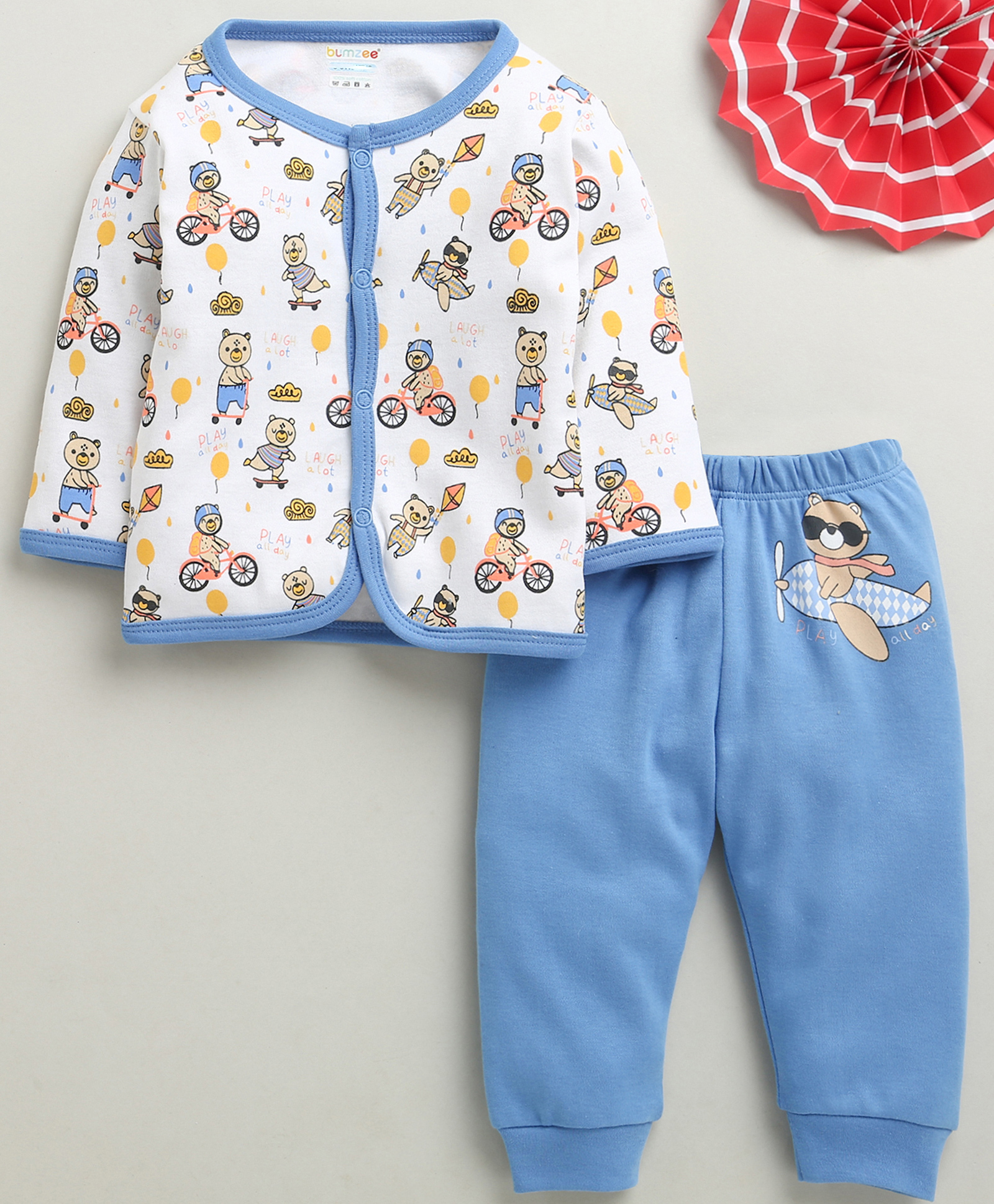BUMZEE Cotton Knit Full Sleeves Night Suit With Animal Print - Blue & White-image-21