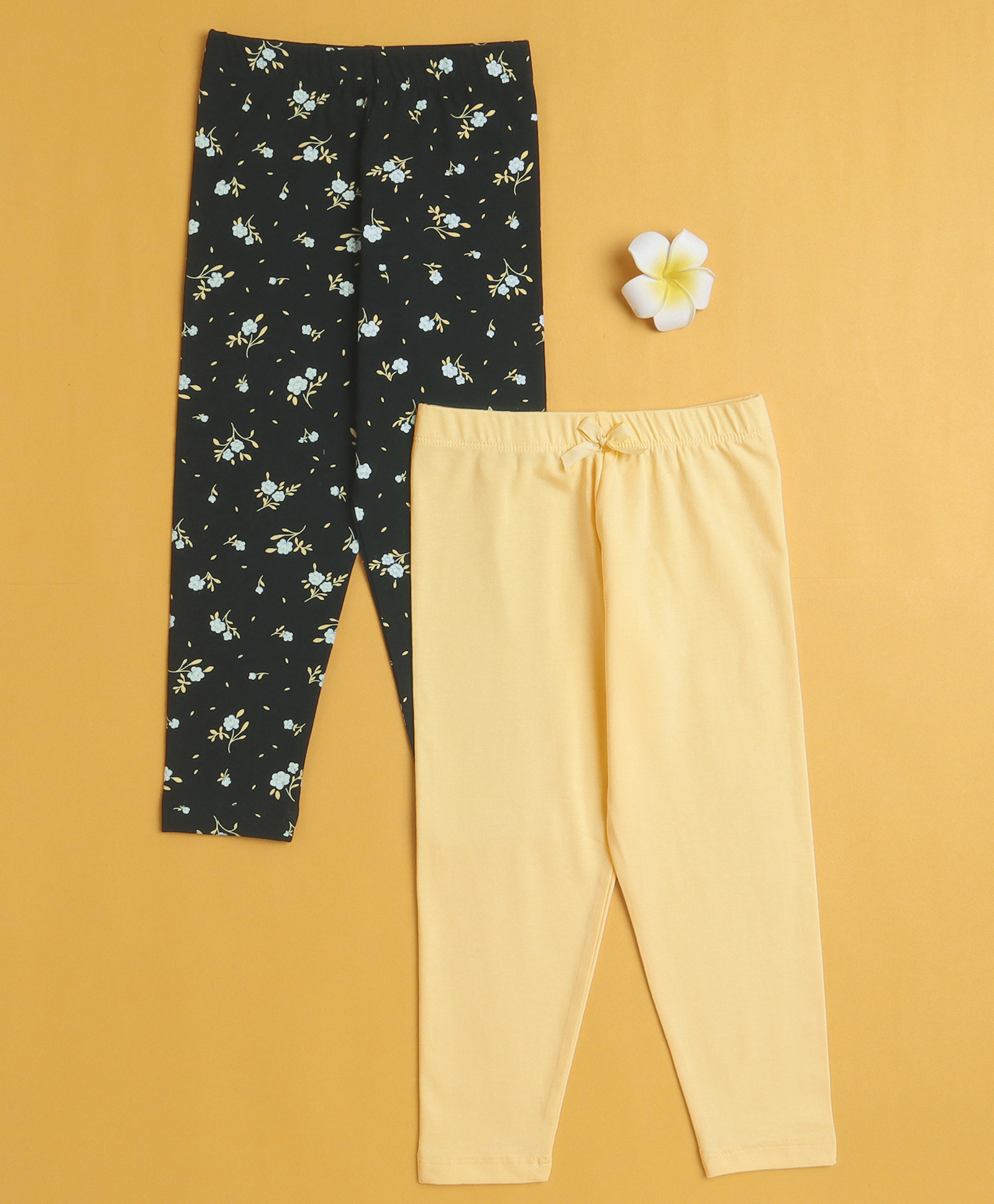 BUMZEE Cotton Knit Full Length Leggings With Floral Print Pack Of 2 - Black & Yellow-picture-21