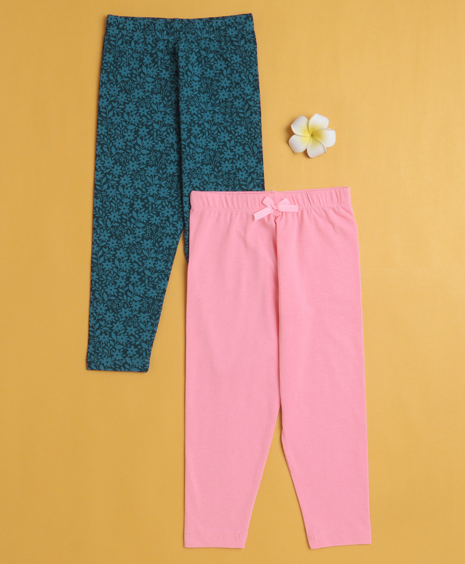 BUMZEE Cotton Knit Full Length Leggings With Floral Print Pack Of 2 - Pink & Navy Blue-picture-40