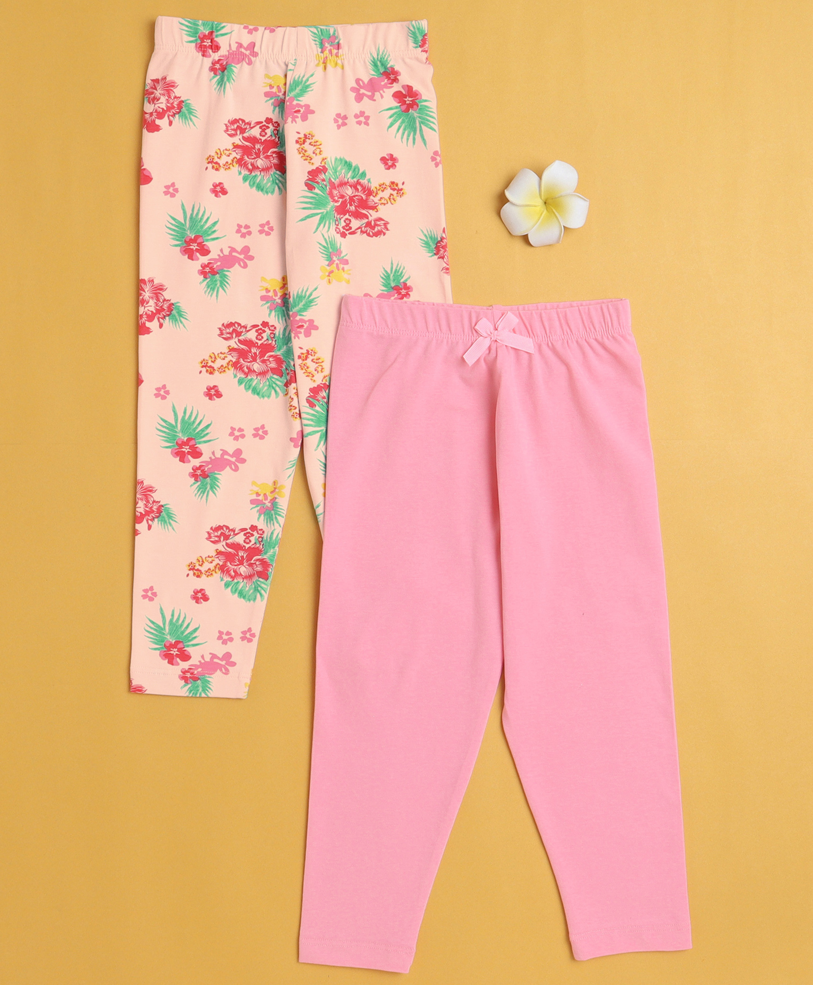BUMZEE Cotton Knit Full Length Leggings With Floral Print Pack Of 2 - Pink & Peach-picture-10