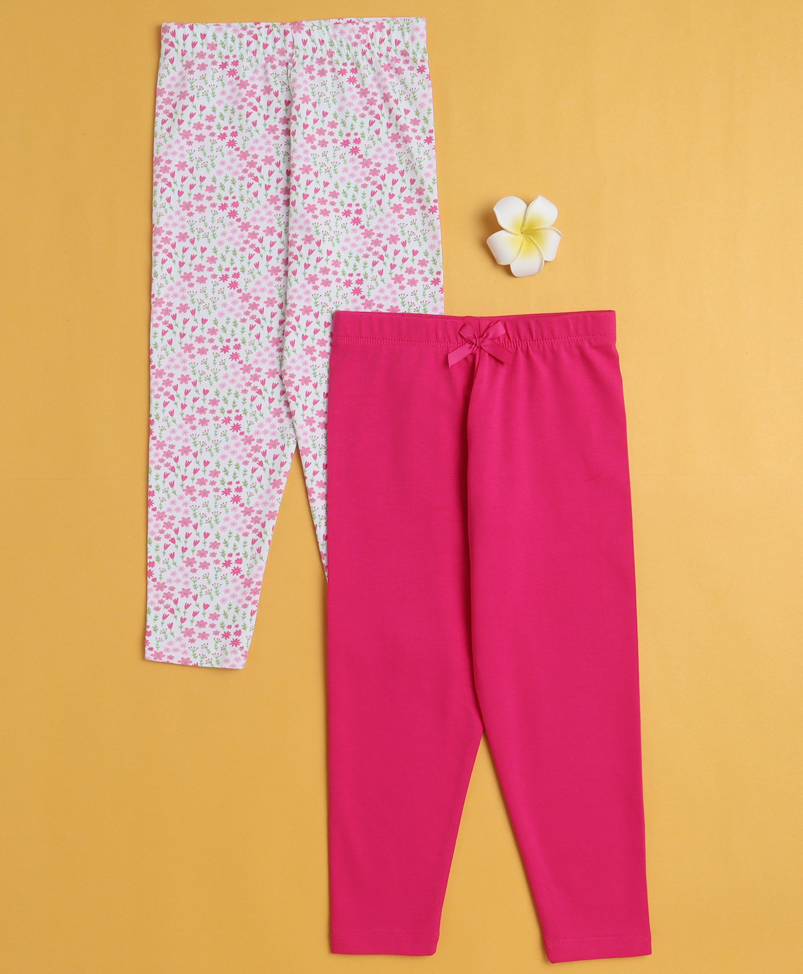 BUMZEE Cotton Knit Full Length Leggings With Floral Print Pack Of 2 - Dark Pink & White-picture-19