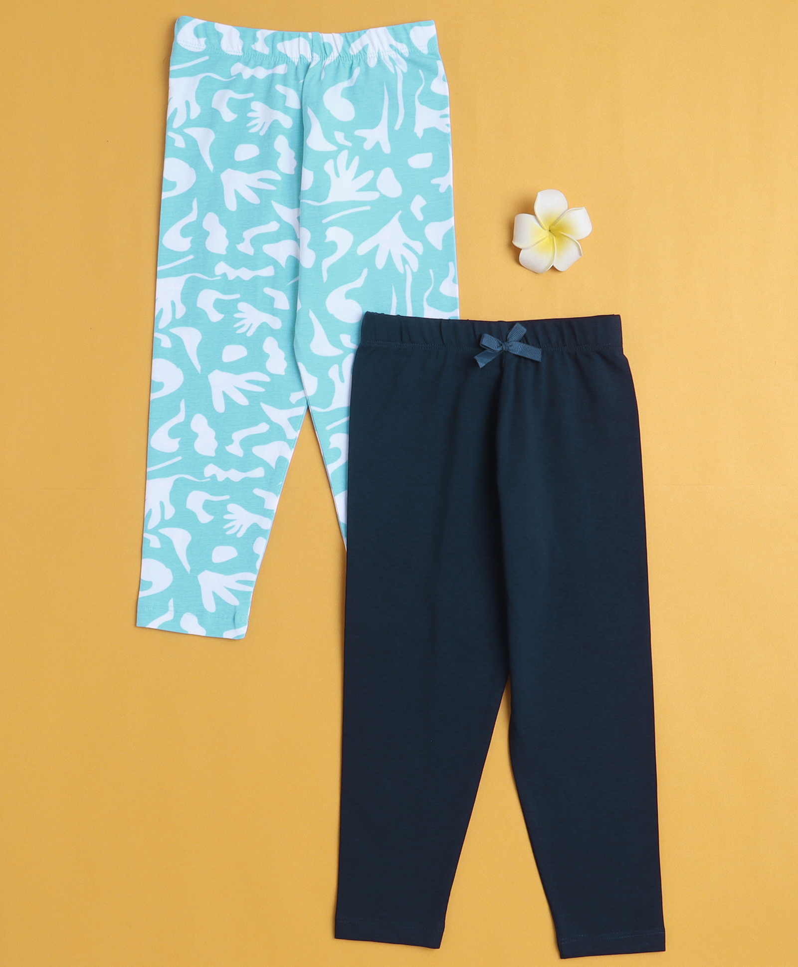 BUMZEE Cotton Knit Full Length Leggings With Floral & Bow Applique Pack of 2 - Navy Blue & Light Blue-picture-29