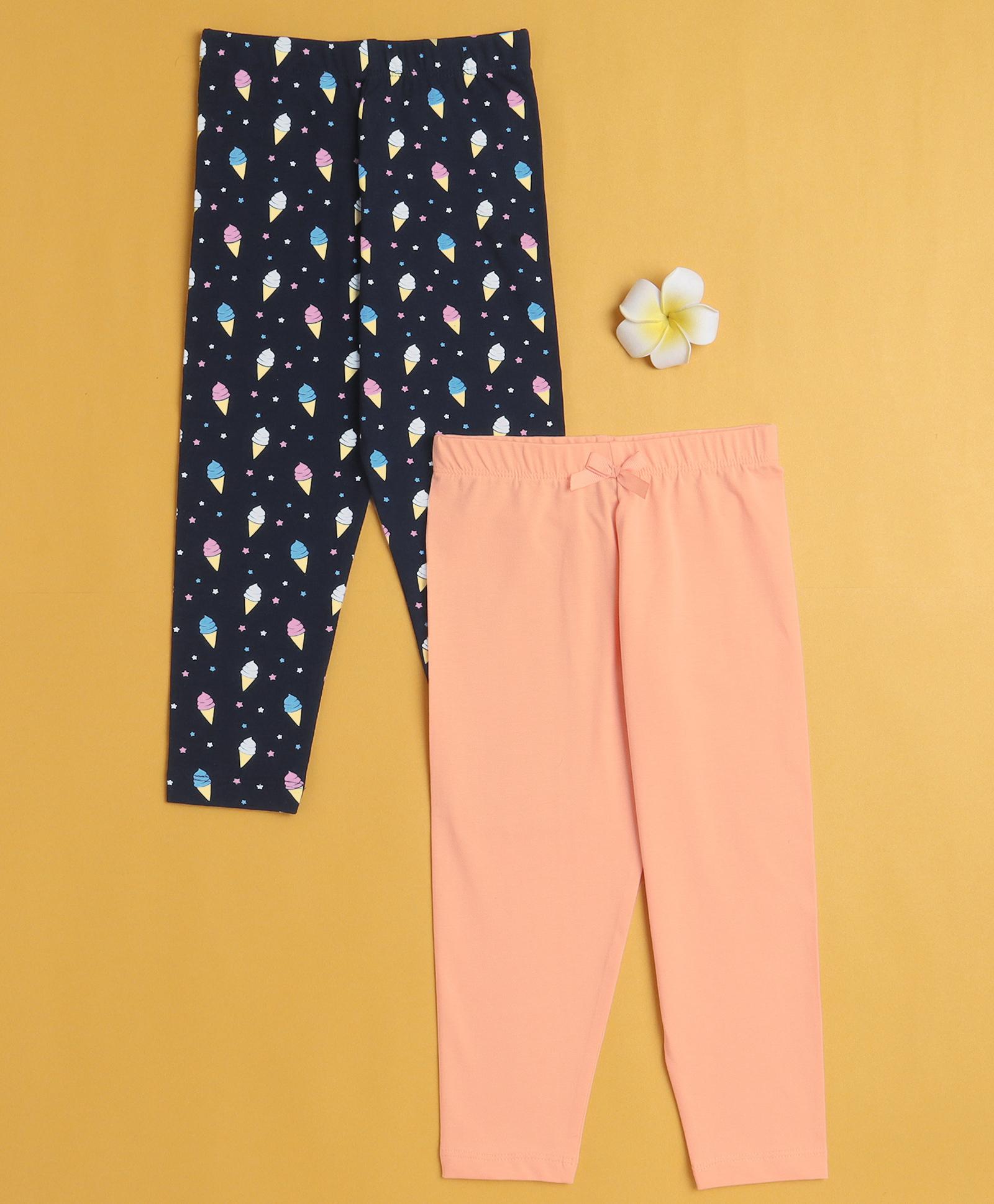 BUMZEE Cotton Knit Full Length Leggings With Ice Cream Print & Bow Applique Pack of 2 - Peach & Navy Blue-picture-38